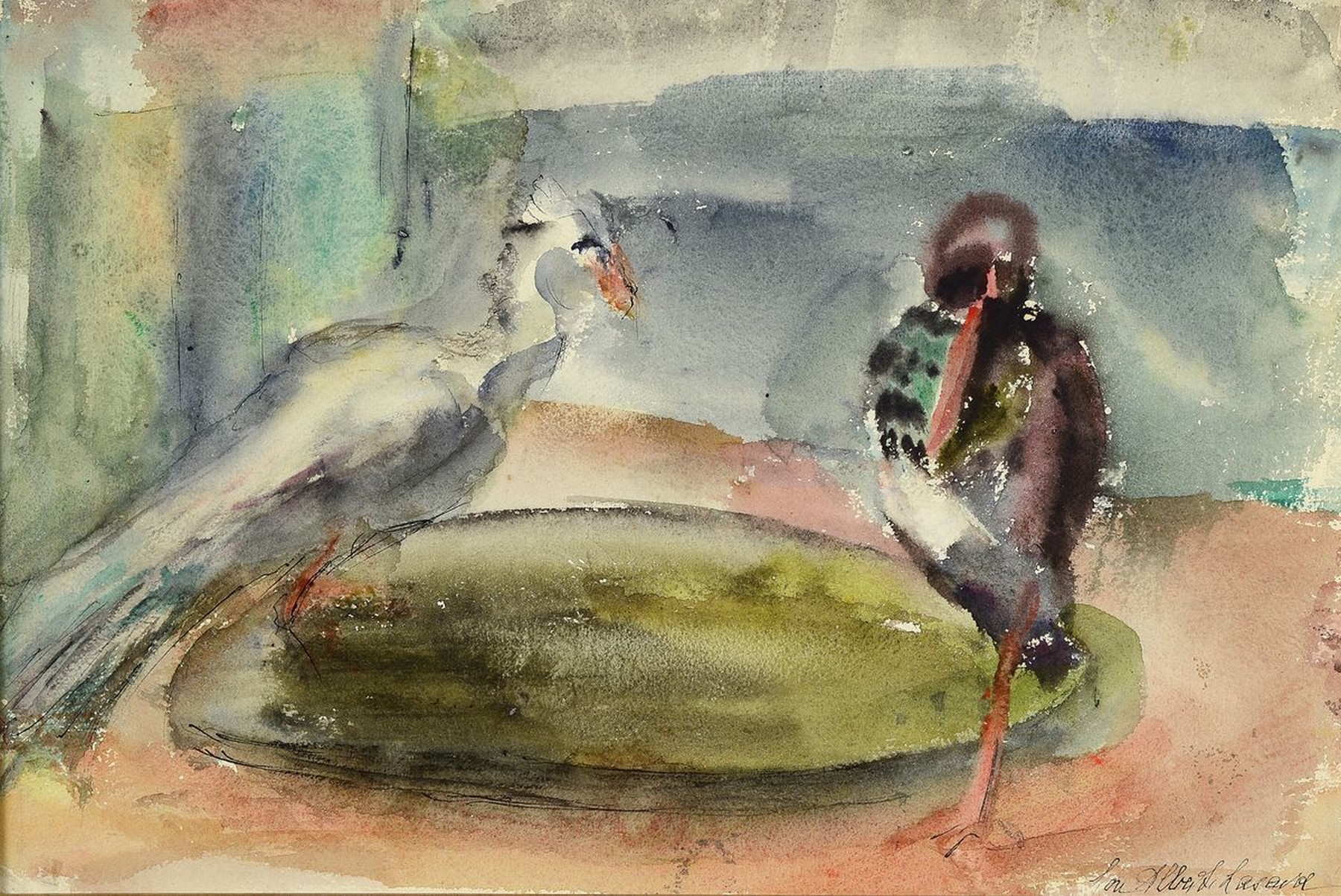 Loulou Albert Lasard, 1885 Metz - 1969 Paris, weißer Storch und Pfau am Vogelbad, Aquarell auf Papier, handsigniert, ca. 27 x 36 cm, unter Glas, ...