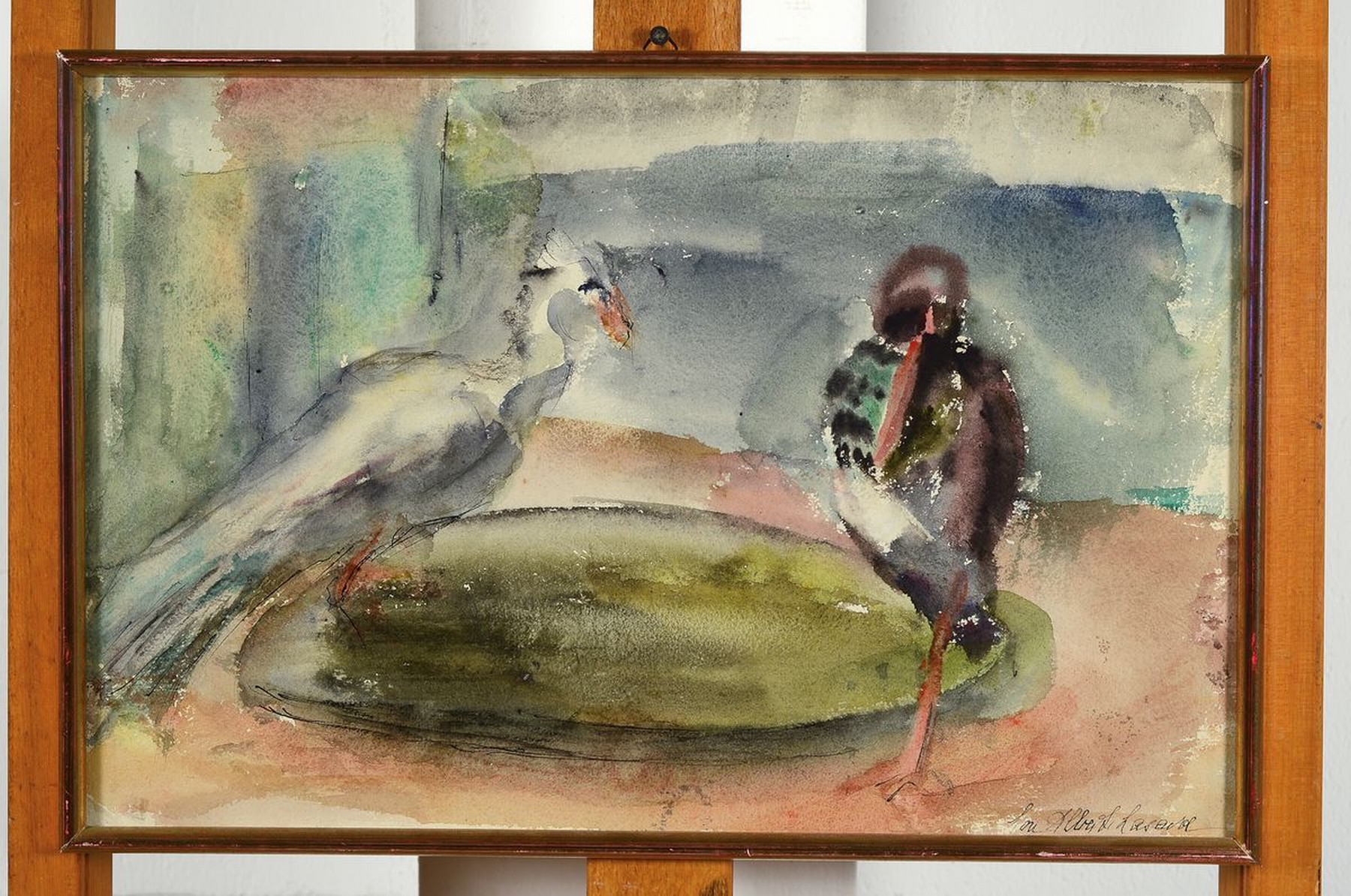 Detail k: Loulou Albert Lasard, 1885 Metz - 1969 Paris, weißer Storch und Pfau am Vogelbad, Aquarell auf Papier, handsigniert, ca. 27 x 36 cm, unter Glas, ...