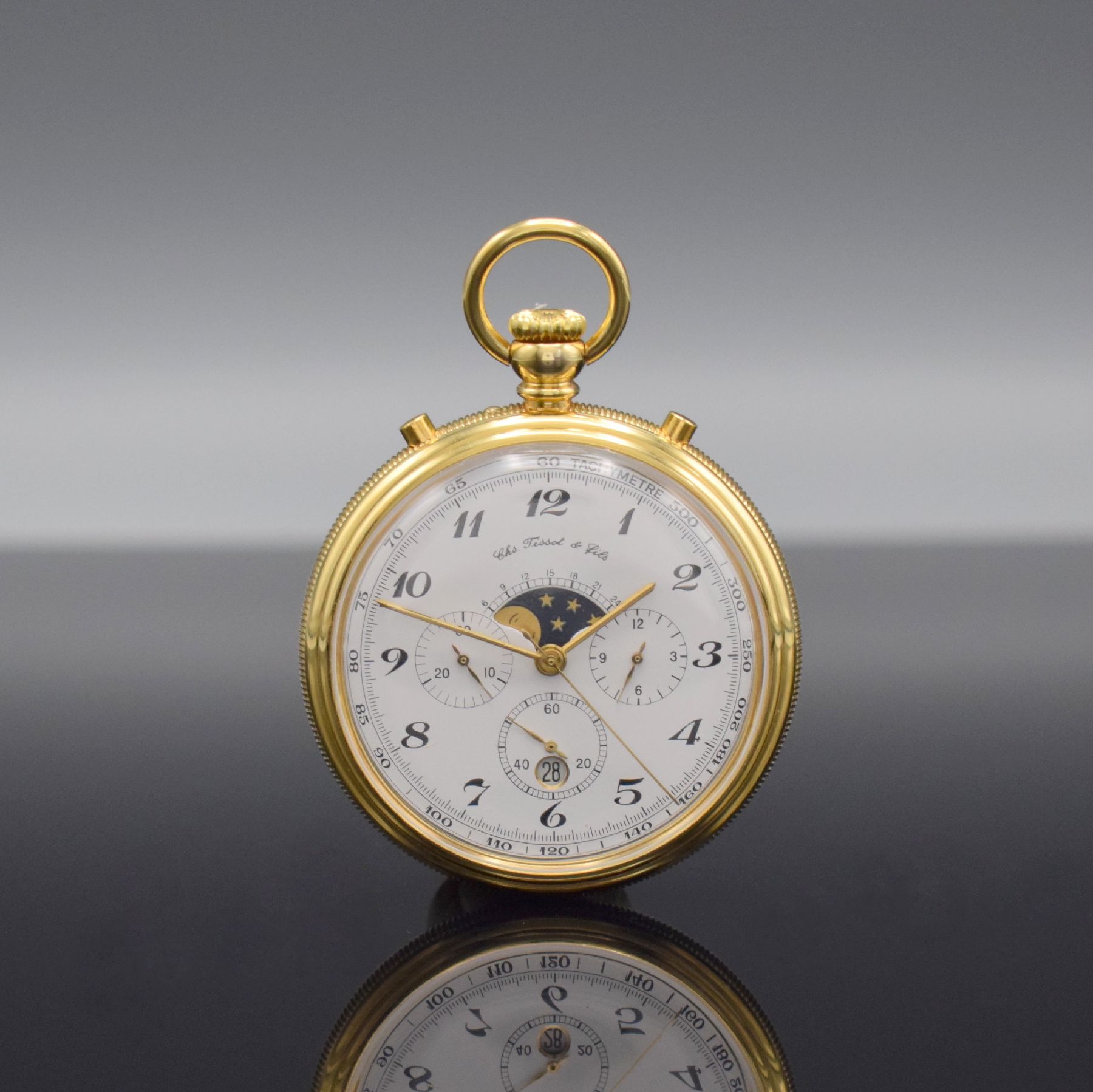 TISSOT Taschenchronograph mit Mondphase & Datum, Schweiz verk. 07/1988, Handaufzug, Ref. 7760 CCL, 3-teil. verg. Geh., Boden & Glasrand aufgedr., ...