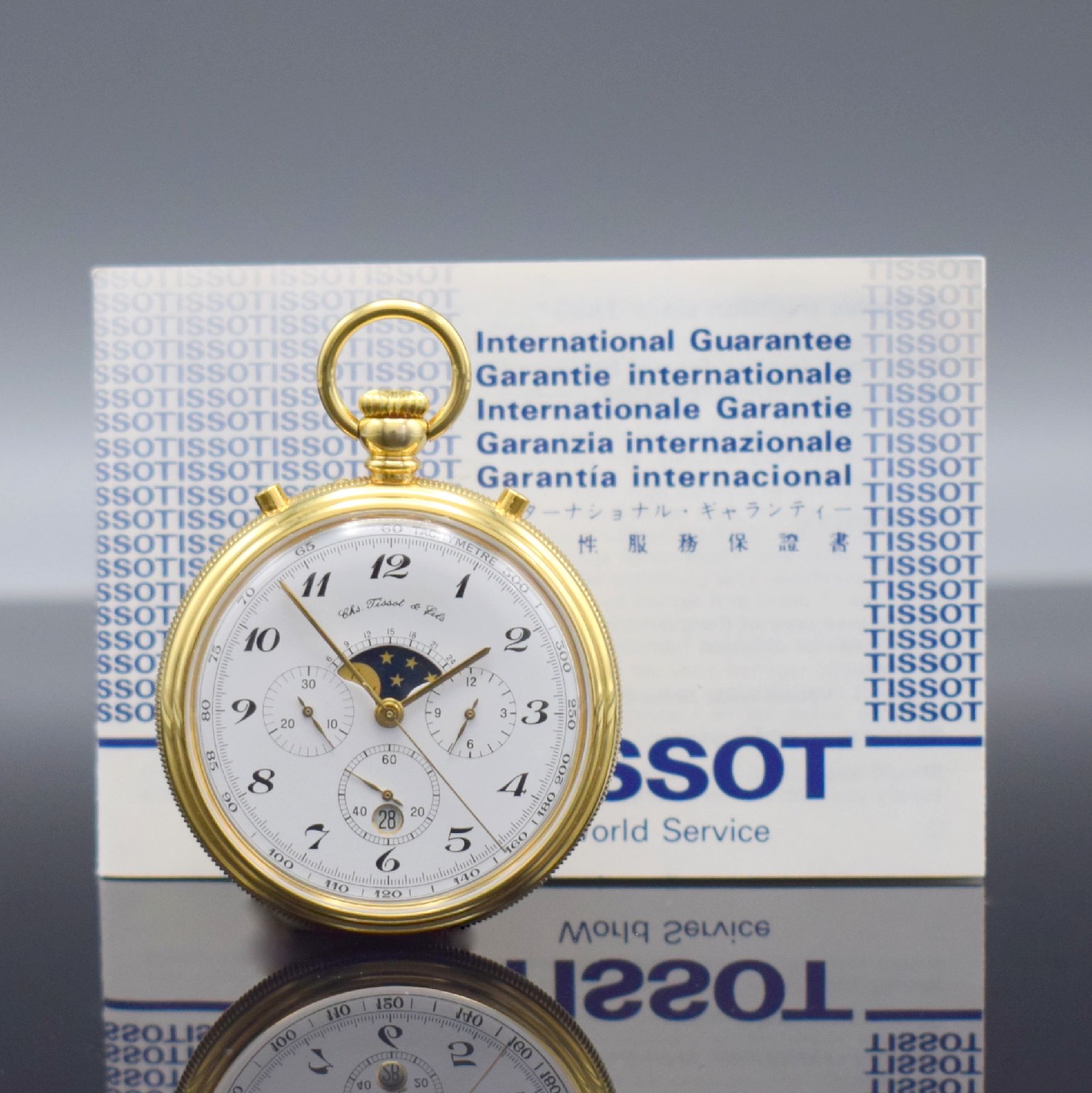 Detail d: TISSOT Taschenchronograph mit Mondphase & Datum, Schweiz verk. 07/1988, Handaufzug, Ref. 7760 CCL, 3-teil. verg. Geh., Boden & Glasrand aufgedr., ...