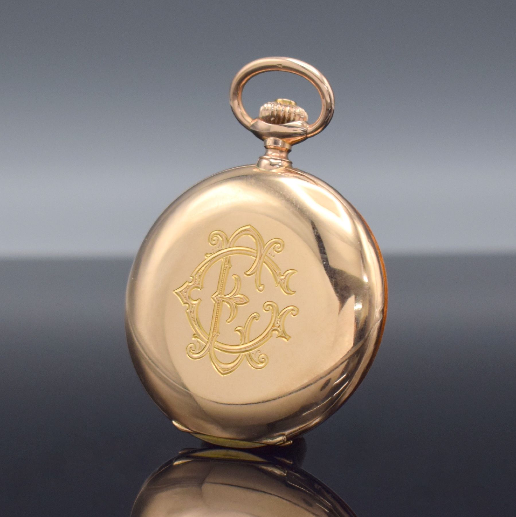 Detail b: Savonette mit hochfeinem Präzisionsankerwerk, Schweiz um 1900, massives 3-Deckel Goldgeh. mit a-goutte Schlüsse dell., Sprungdeckel mit Monogramm, ...