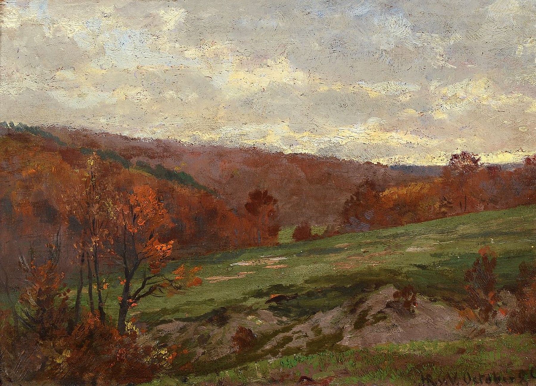 Hans-Richard von Volkmann, 1860 - 1927, "Herbstlandschaft bei Willinghausen", Öl/Holz, 22 x 31 cm, monogrammiert, ca. 22.2 x 31.3 cm, ...