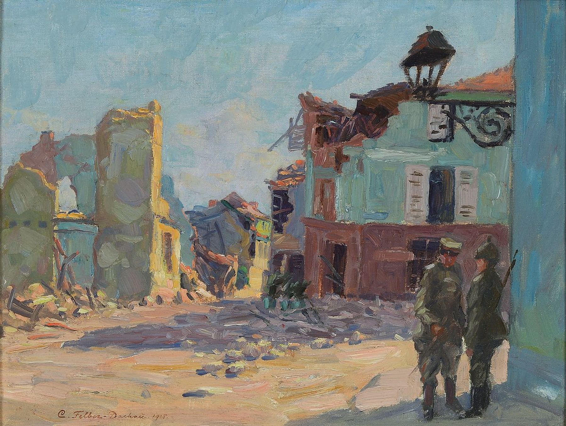 Carl Friedrich Felber, 1880 Wädenswil/Schweiz-1932 Dachau, zwei Soldaten in einer zerstörten Stadt, Öl/Lwd, links unten signiert Carl ...