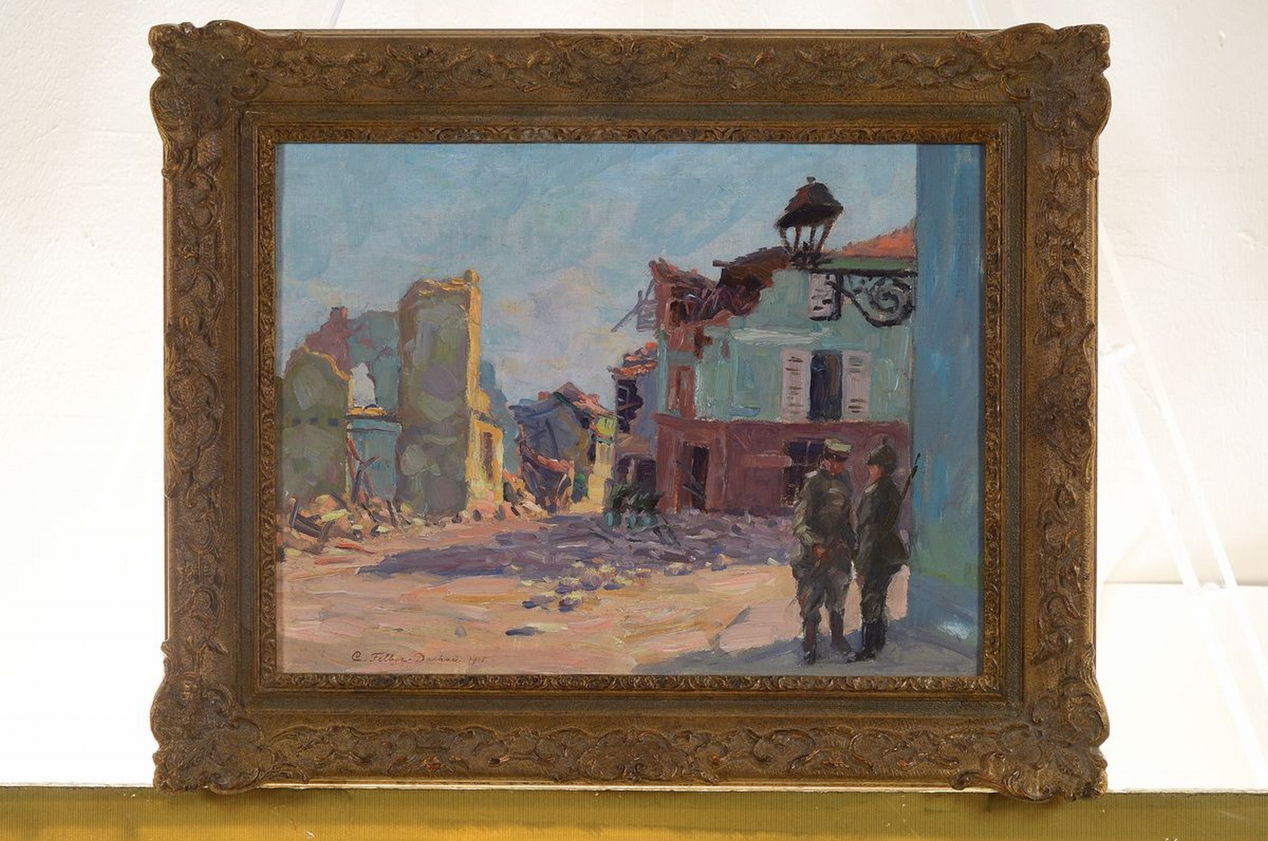 Detail k: Carl Friedrich Felber, 1880 Wädenswil/Schweiz-1932 Dachau, zwei Soldaten in einer zerstörten Stadt, Öl/Lwd, links unten signiert Carl ...