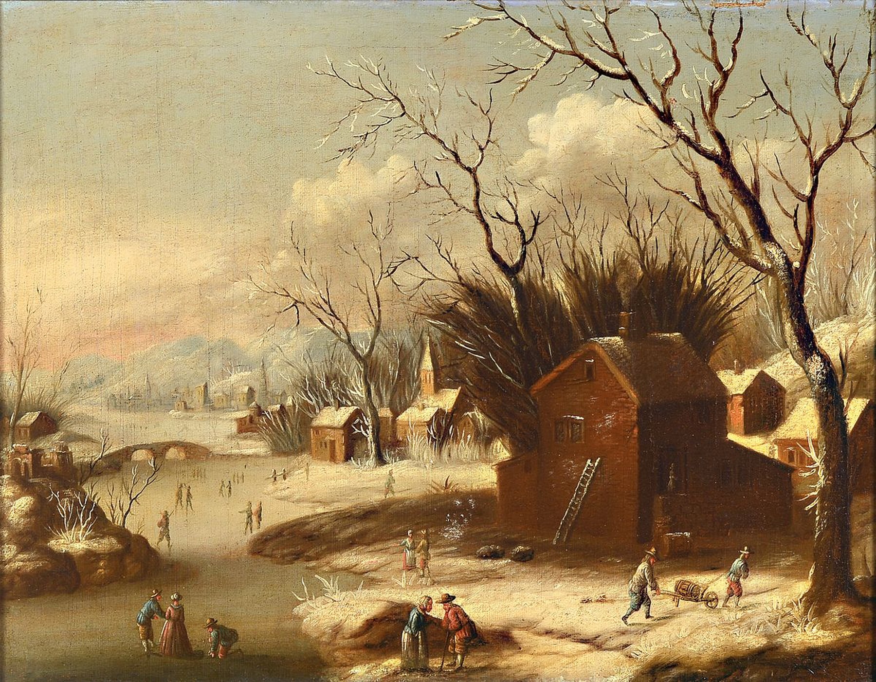 Unbekannter Künstler, Niederlande, 19. Jh., Eisvergnügen, holländische Winterlandschaft mit Schlittschuhläufern, Personen und Gebäuden, Öl/Lwd, ...