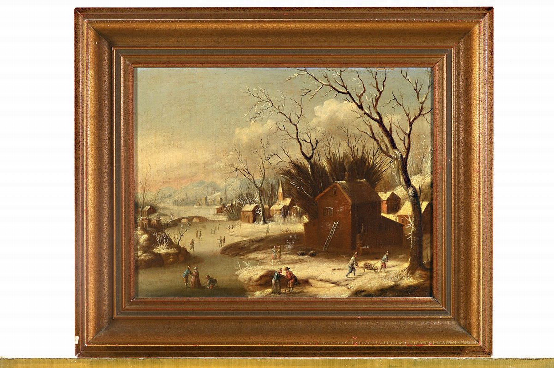 Detail k: Unbekannter Künstler, Niederlande, 19. Jh., Eisvergnügen, holländische Winterlandschaft mit Schlittschuhläufern, Personen und Gebäuden, Öl/Lwd, ...