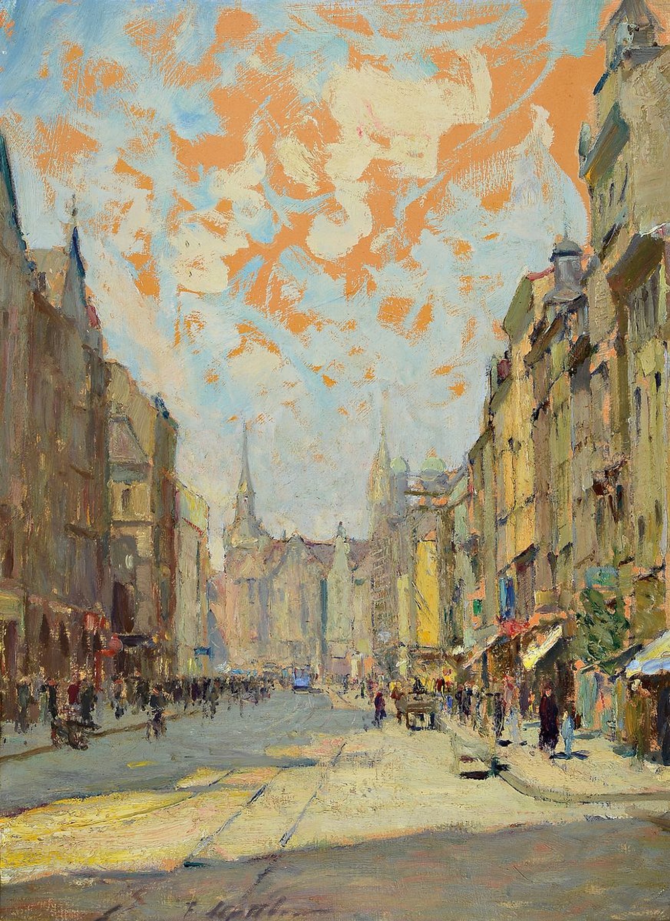 Fritz Stattler, 1867 Pilsen-1944, Ansicht aus München, Öl/Malkarton, Öl/ Malkarton, signiert, ca. 73x53cm, R. ca. 89x70cm