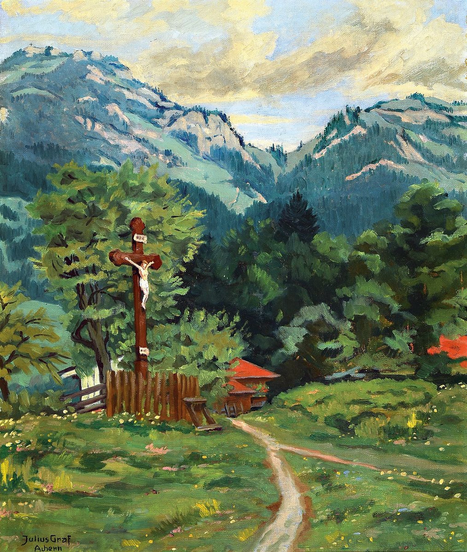 Julius Graf, 1884 Achern-1968, Wegkreuz im Gebirge, auf Rahmenschild so betitelt und dat. 1927, Öl/Lwd, links unten signiert, ca. 60x50cm, R. ca. ...