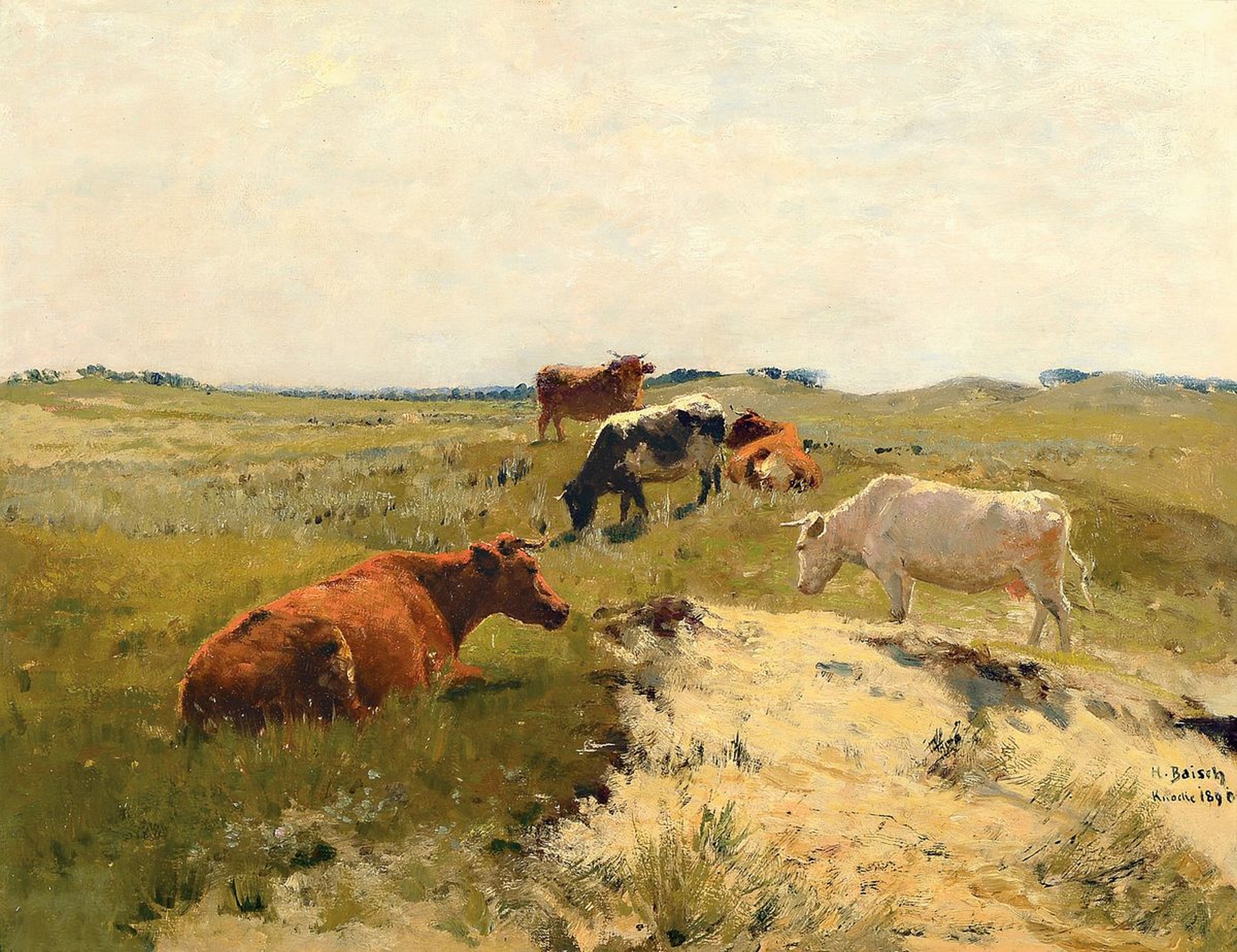 Hermann Baisch, 1846 Dresden-1894 Karlsruhe, Kühe auf der Weide, Öl/Malkarton, rechts unten signiert: H. Baisch Knocke 1890, ca. 42x54cm, R. ca. ...