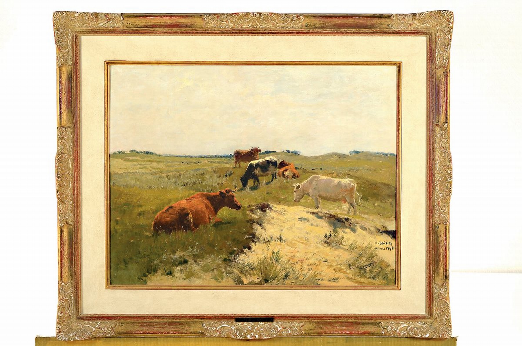 Detail k: Hermann Baisch, 1846 Dresden-1894 Karlsruhe, Kühe auf der Weide, Öl/Malkarton, rechts unten signiert: H. Baisch Knocke 1890, ca. 42x54cm, R. ca. ...