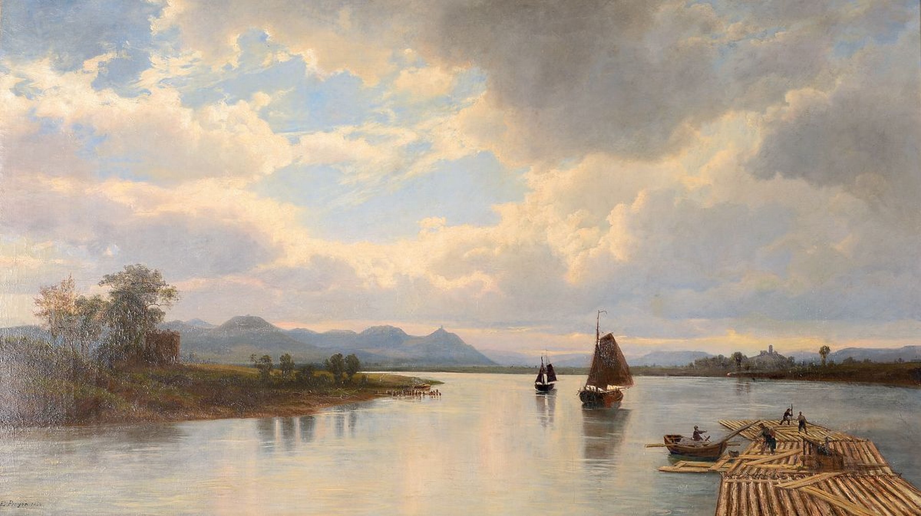 Ernest Preyer, 1842 Manchester-1917 Düsseldorf, Fischerboote und Flösser auf dem Rhein, Öl/Lwd, rest., links unten signiert E. Preyer,ca. ...
