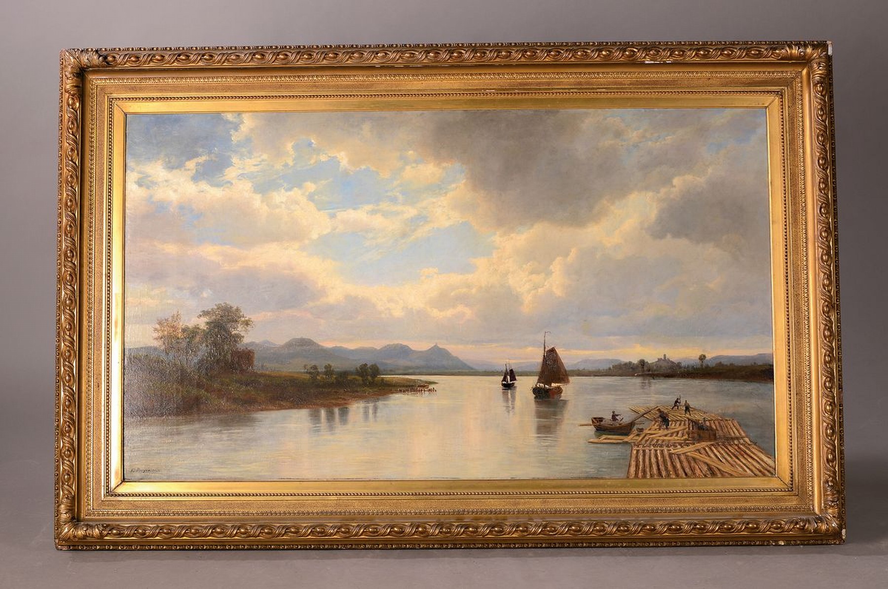 Detail k: Ernest Preyer, 1842 Manchester-1917 Düsseldorf, Fischerboote und Flösser auf dem Rhein, Öl/Lwd, rest., links unten signiert E. Preyer,ca. ...