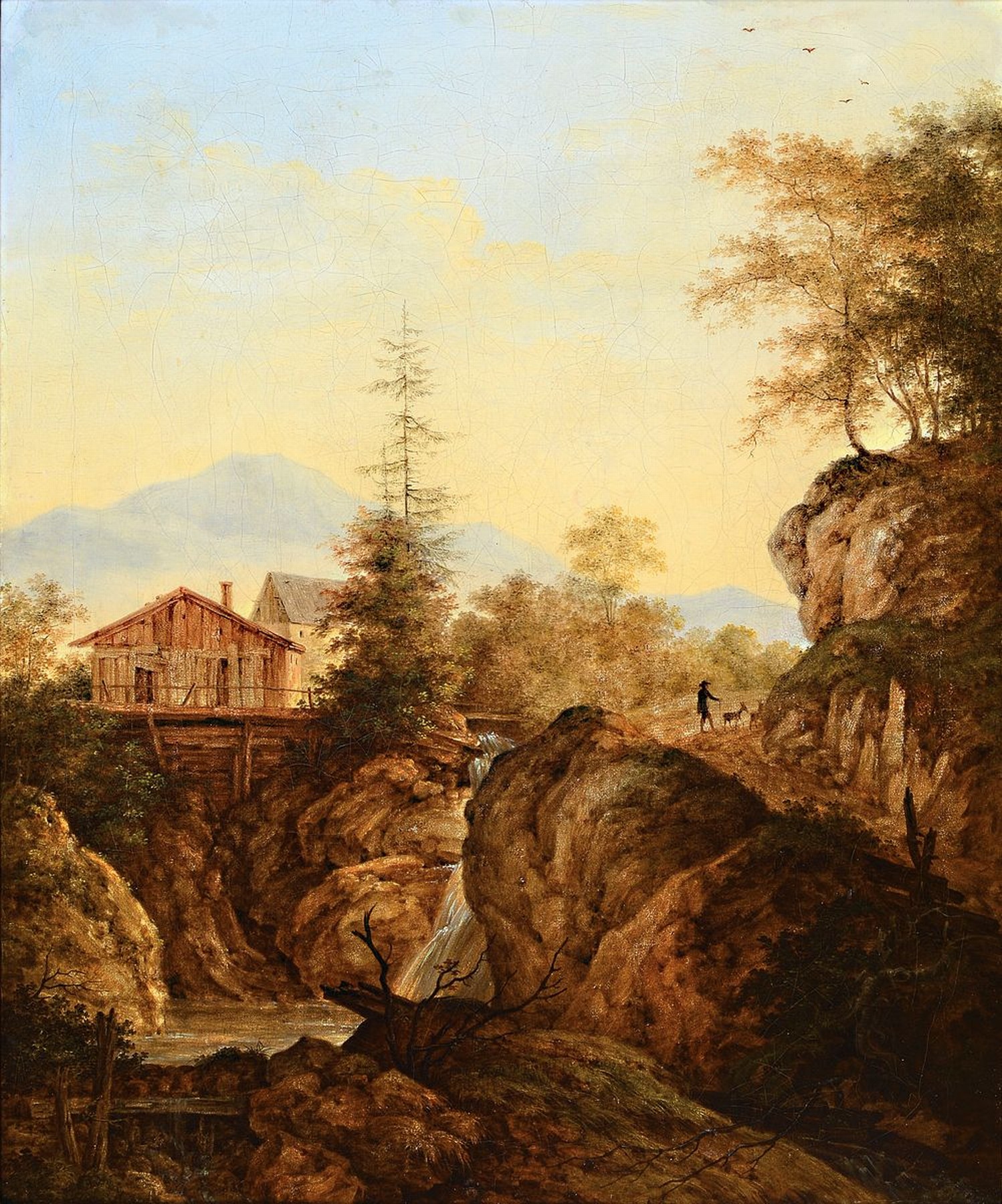 Zuschreibung: Johann Jakob Dorner d.J., 1775-1852 München, Herbstliche Landschaft Wildbach und Mühle, Öl/Lwd, redoubliert, rest., ca. 40x33cm, R. ...