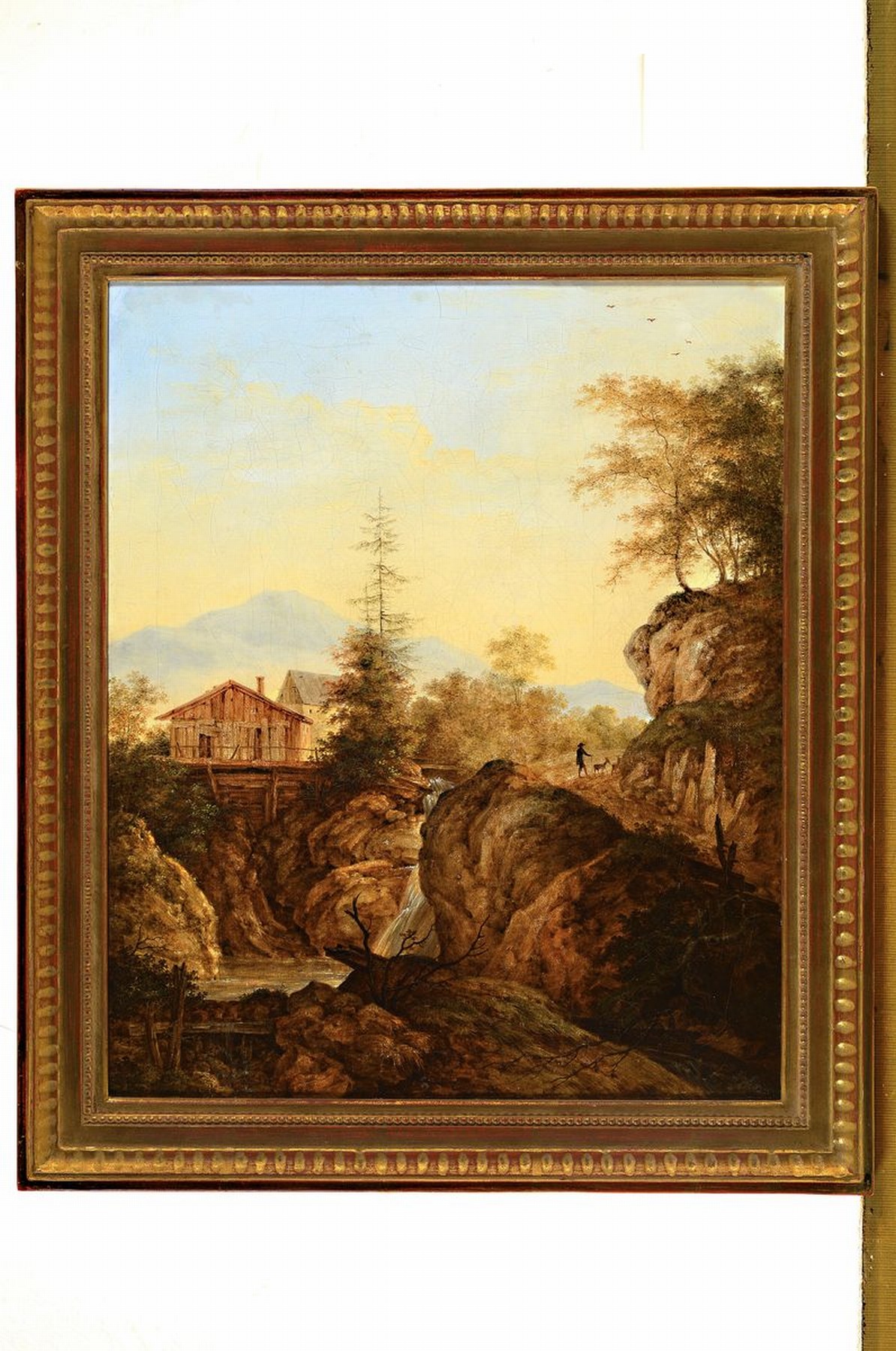 Detail k: Zuschreibung: Johann Jakob Dorner d.J., 1775-1852 München, Herbstliche Landschaft Wildbach und Mühle, Öl/Lwd, redoubliert, rest., ca. 40x33cm, R. ...