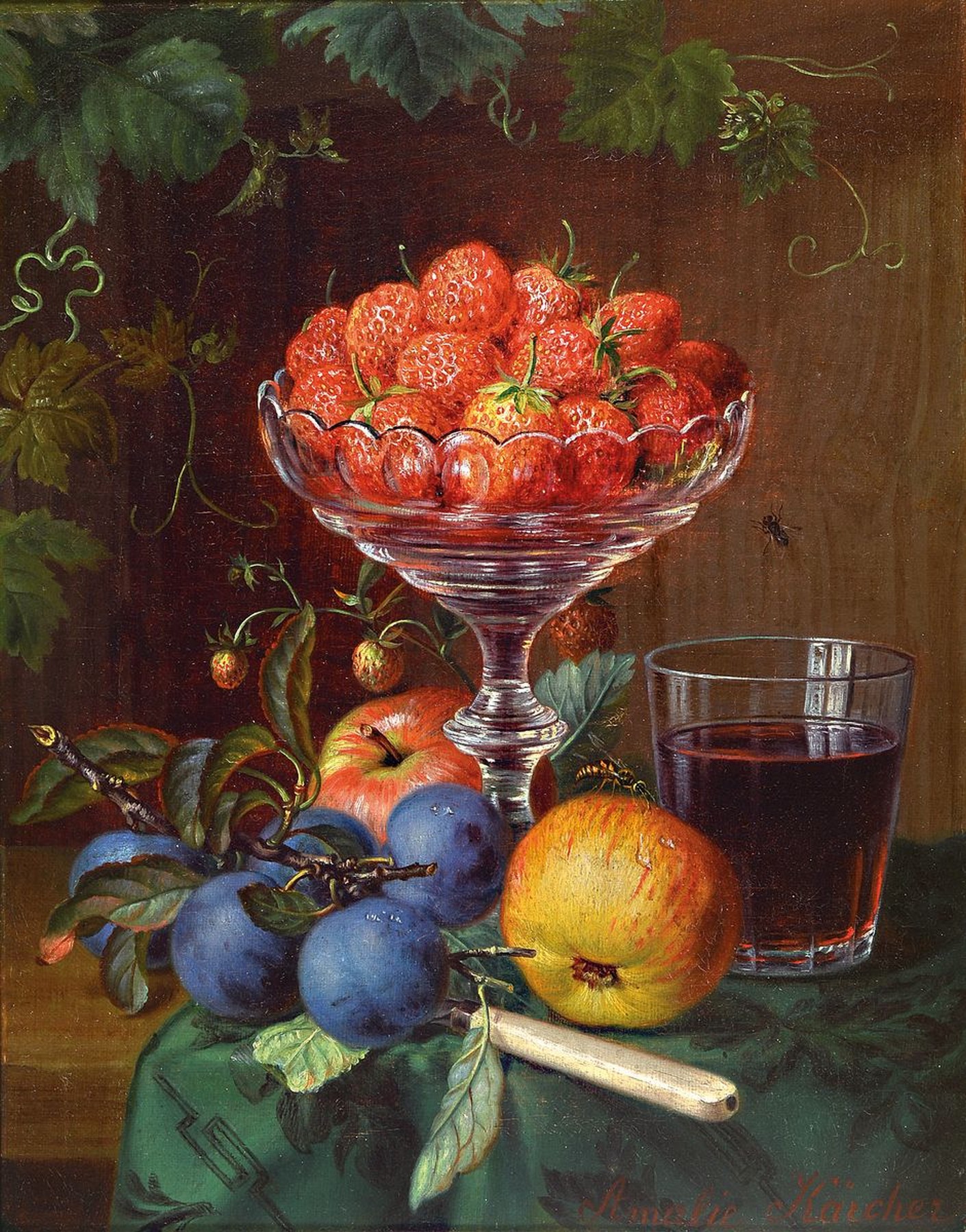 Amalie Kärcher, 1819 Durlach-1887 Karlsruhe, Stillleben mit Erdbeeren in Kristallschale, Äpfeln, Pflaumen und Rotweinglas, Öl/Lwd, feine ...