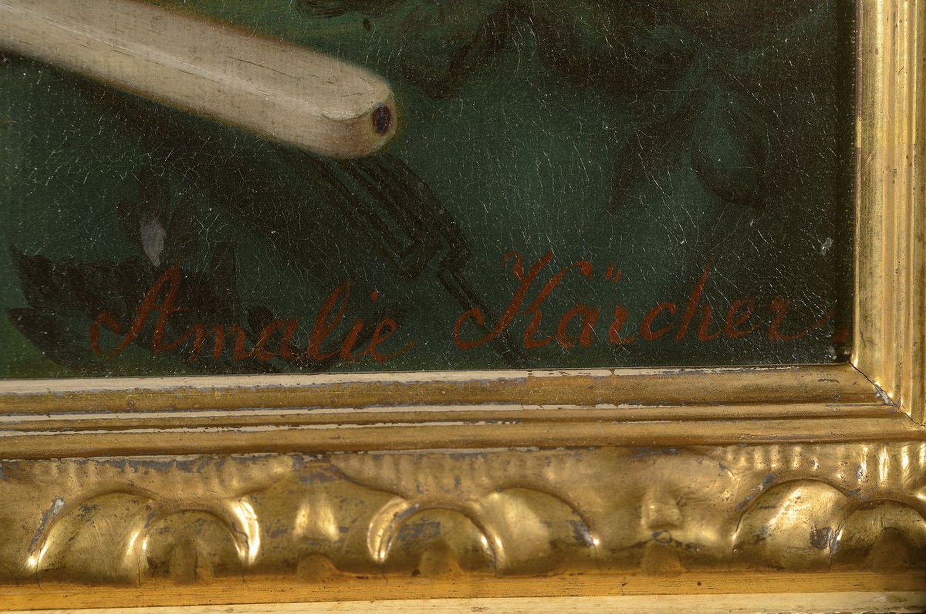 Detail a: Amalie Kärcher, 1819 Durlach-1887 Karlsruhe, Stillleben mit Erdbeeren in Kristallschale, Äpfeln, Pflaumen und Rotweinglas, Öl/Lwd, feine ...