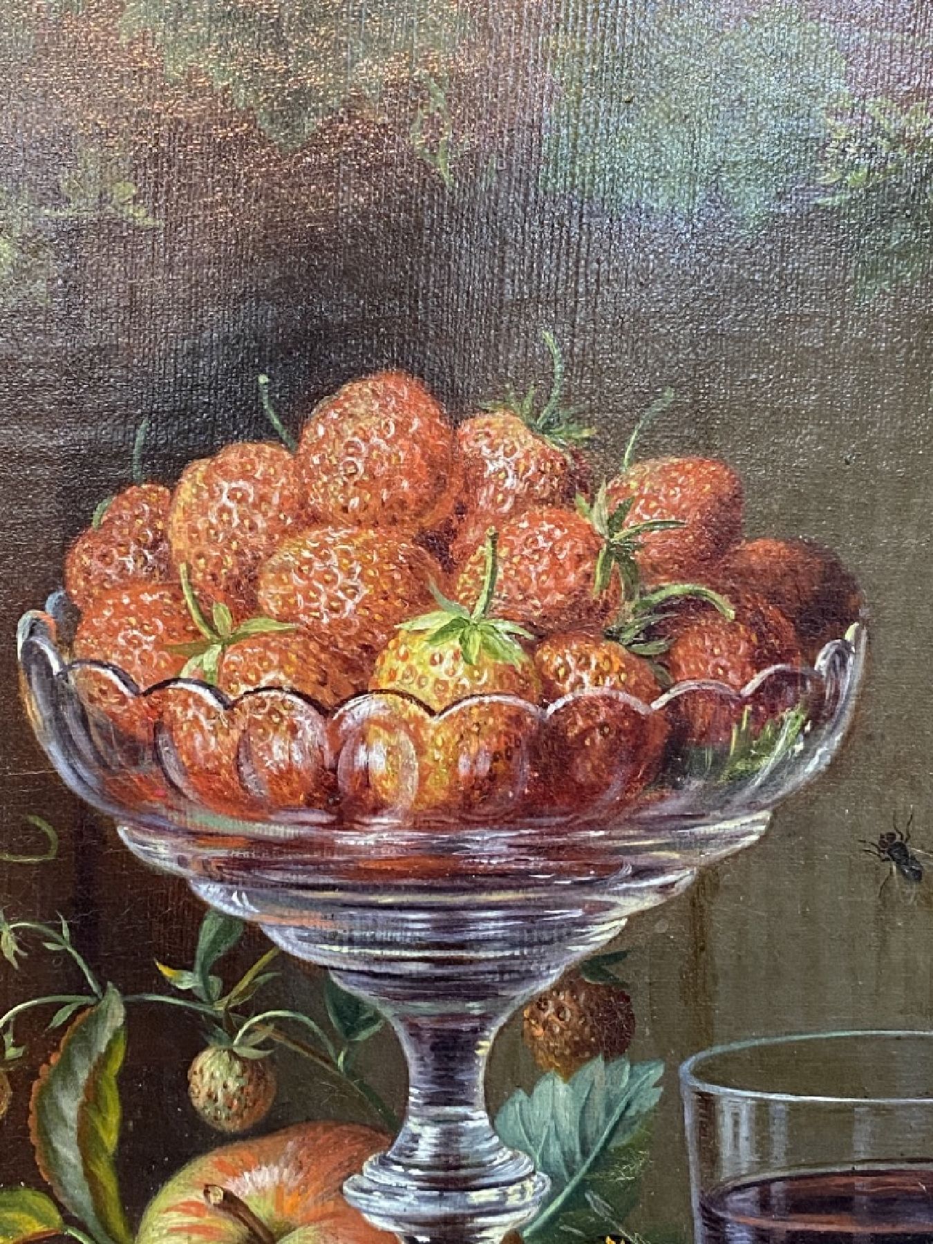Detail c: Amalie Kärcher, 1819 Durlach-1887 Karlsruhe, Stillleben mit Erdbeeren in Kristallschale, Äpfeln, Pflaumen und Rotweinglas, Öl/Lwd, feine ...