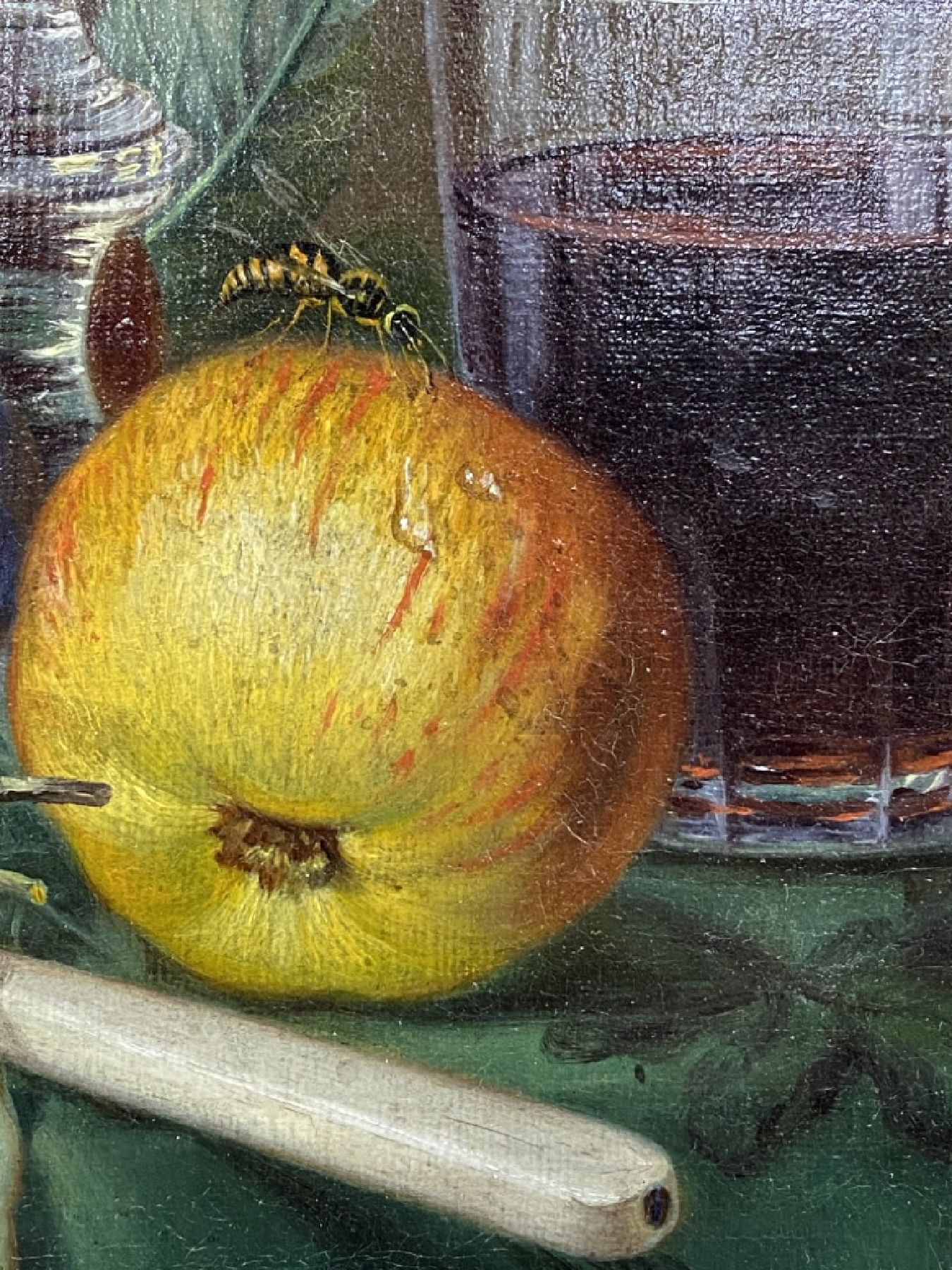 Detail e: Amalie Kärcher, 1819 Durlach-1887 Karlsruhe, Stillleben mit Erdbeeren in Kristallschale, Äpfeln, Pflaumen und Rotweinglas, Öl/Lwd, feine ...
