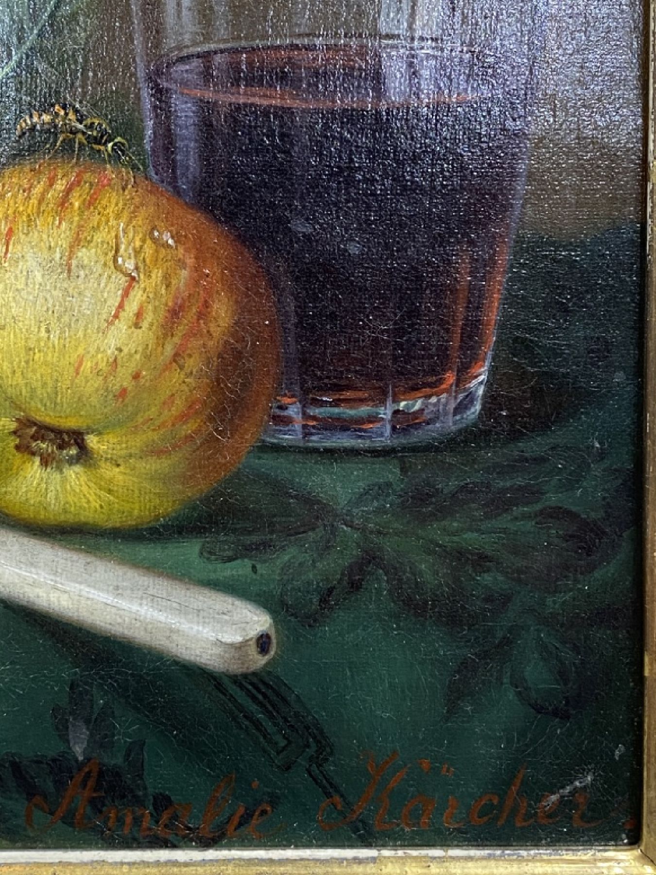 Detail f: Amalie Kärcher, 1819 Durlach-1887 Karlsruhe, Stillleben mit Erdbeeren in Kristallschale, Äpfeln, Pflaumen und Rotweinglas, Öl/Lwd, feine ...