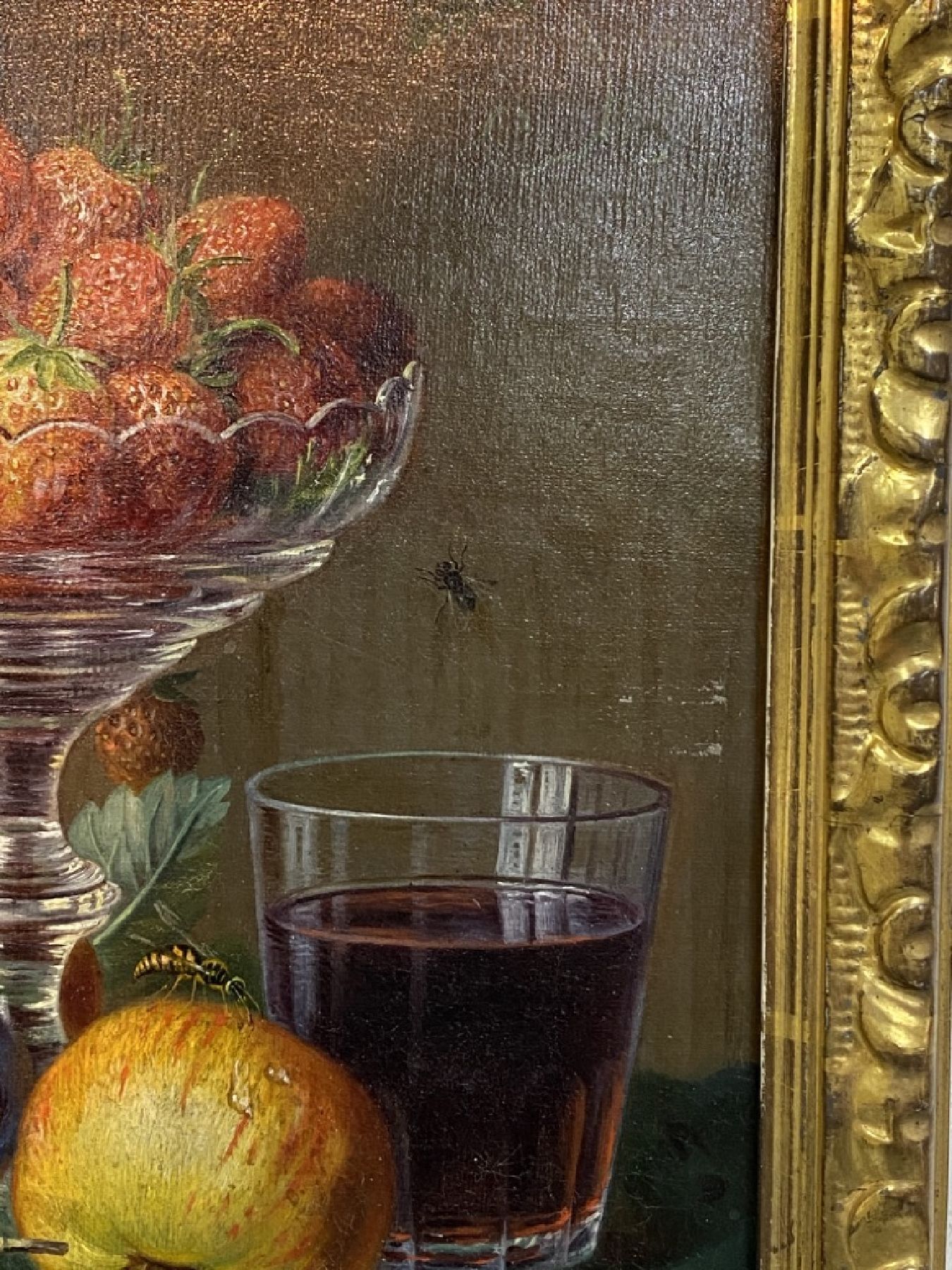 Detail g: Amalie Kärcher, 1819 Durlach-1887 Karlsruhe, Stillleben mit Erdbeeren in Kristallschale, Äpfeln, Pflaumen und Rotweinglas, Öl/Lwd, feine ...