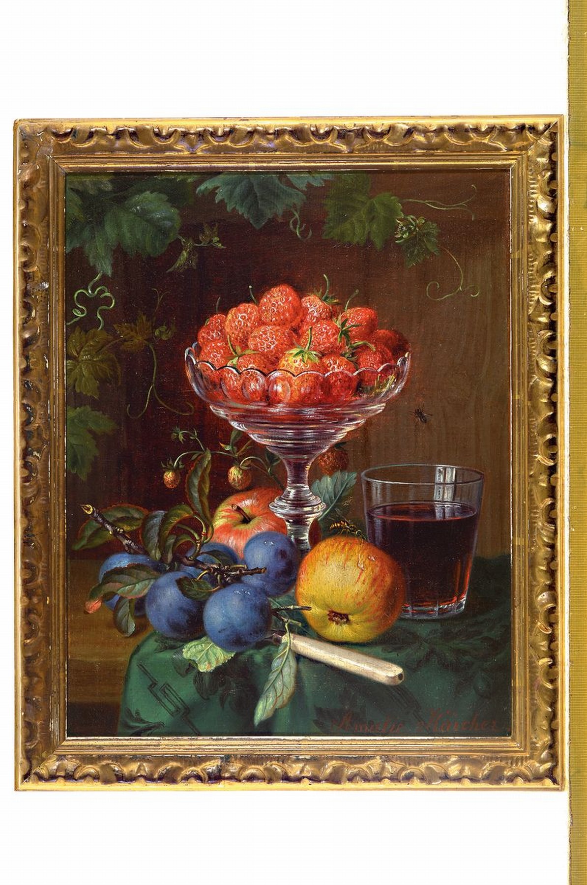 Detail k: Amalie Kärcher, 1819 Durlach-1887 Karlsruhe, Stillleben mit Erdbeeren in Kristallschale, Äpfeln, Pflaumen und Rotweinglas, Öl/Lwd, feine ...