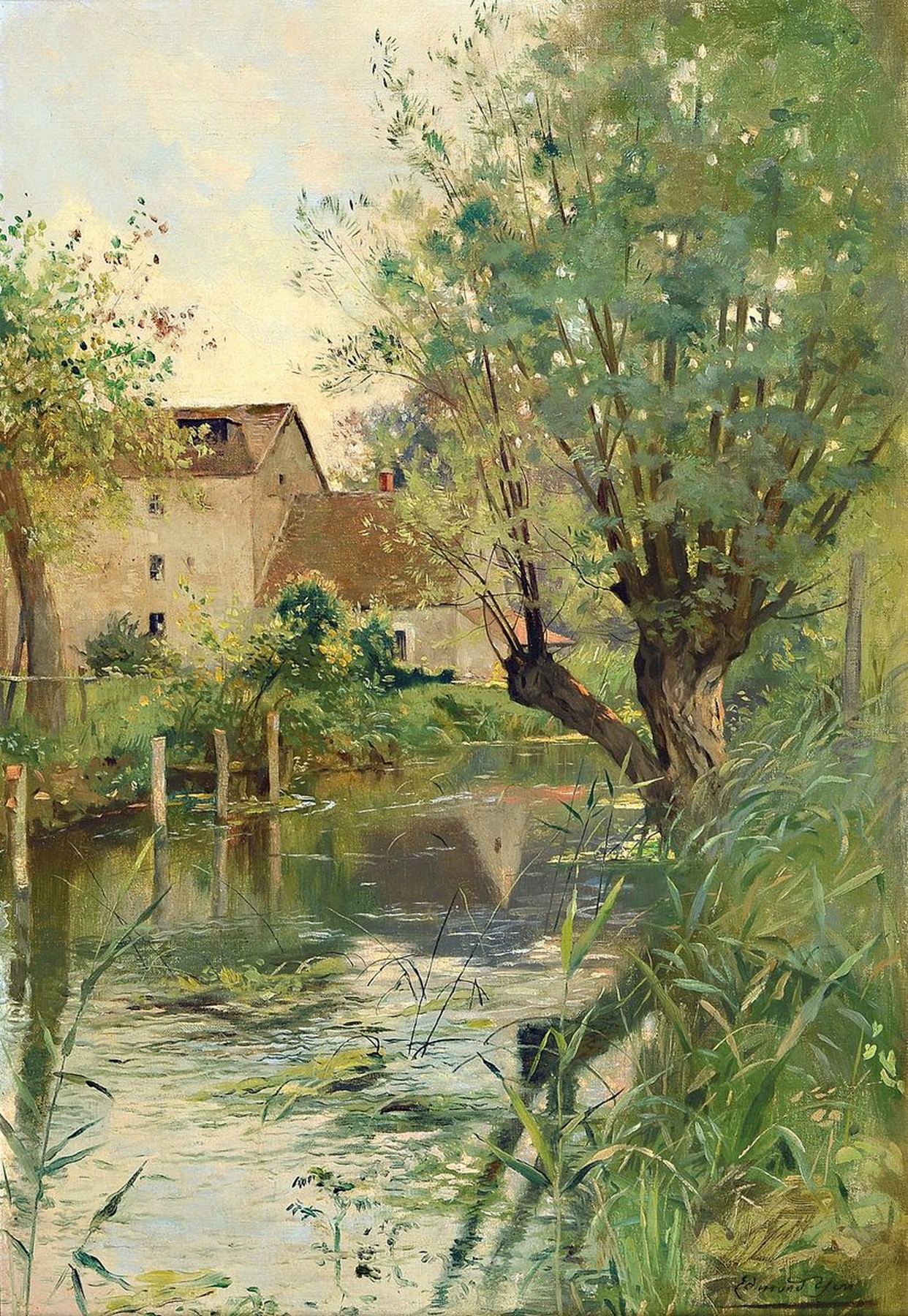 Edmond Charles Yon, 1841 Paris - 1897, Flußlandschaft mit Mühle, Öl/Lwd, re. unten signiert, stimmungsvolle Landschaft vermutlich aus dem Pariser ...