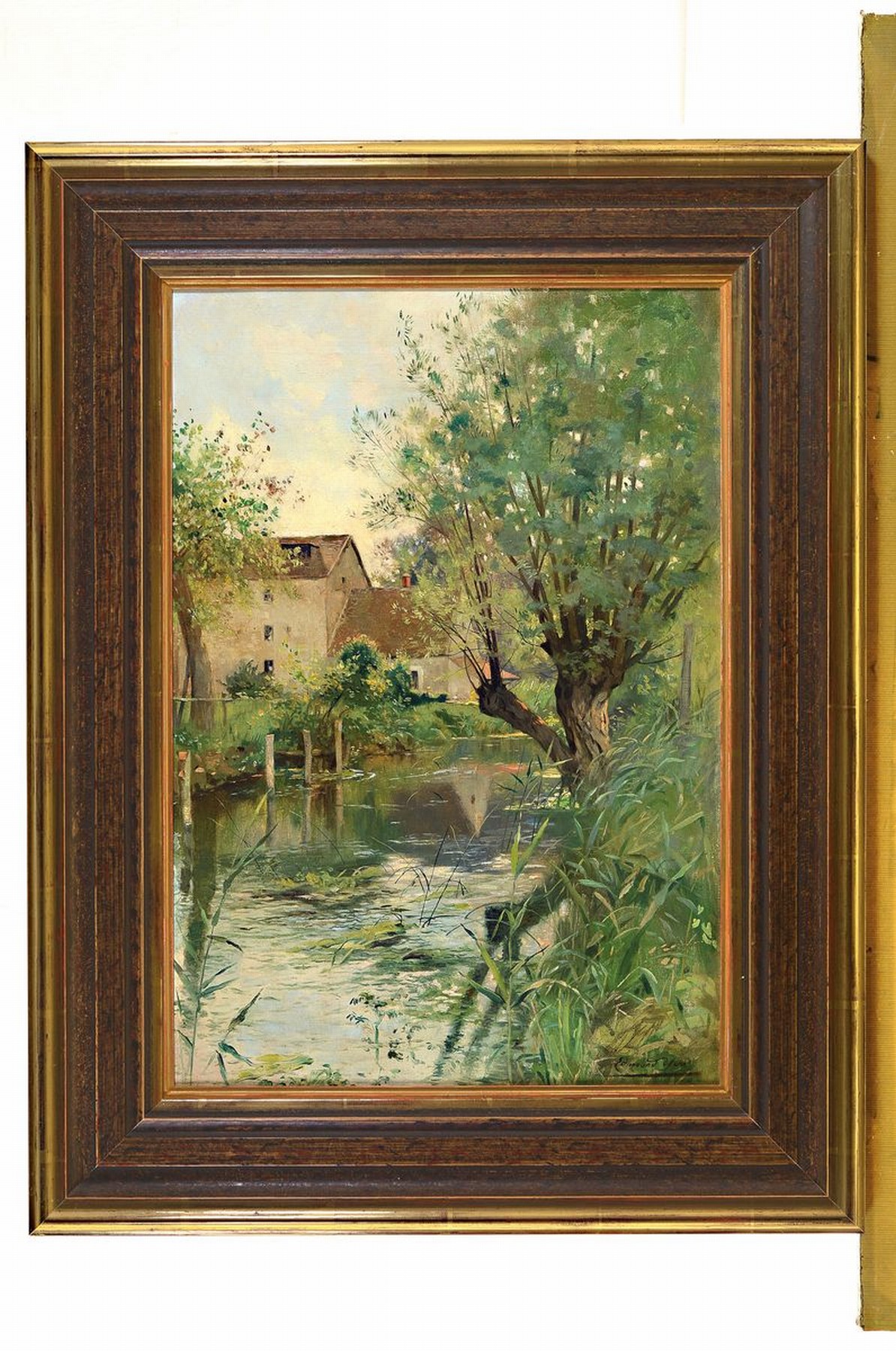 Detail k: Edmond Charles Yon, 1841 Paris - 1897, Flußlandschaft mit Mühle, Öl/Lwd, re. unten signiert, stimmungsvolle Landschaft vermutlich aus dem Pariser ...