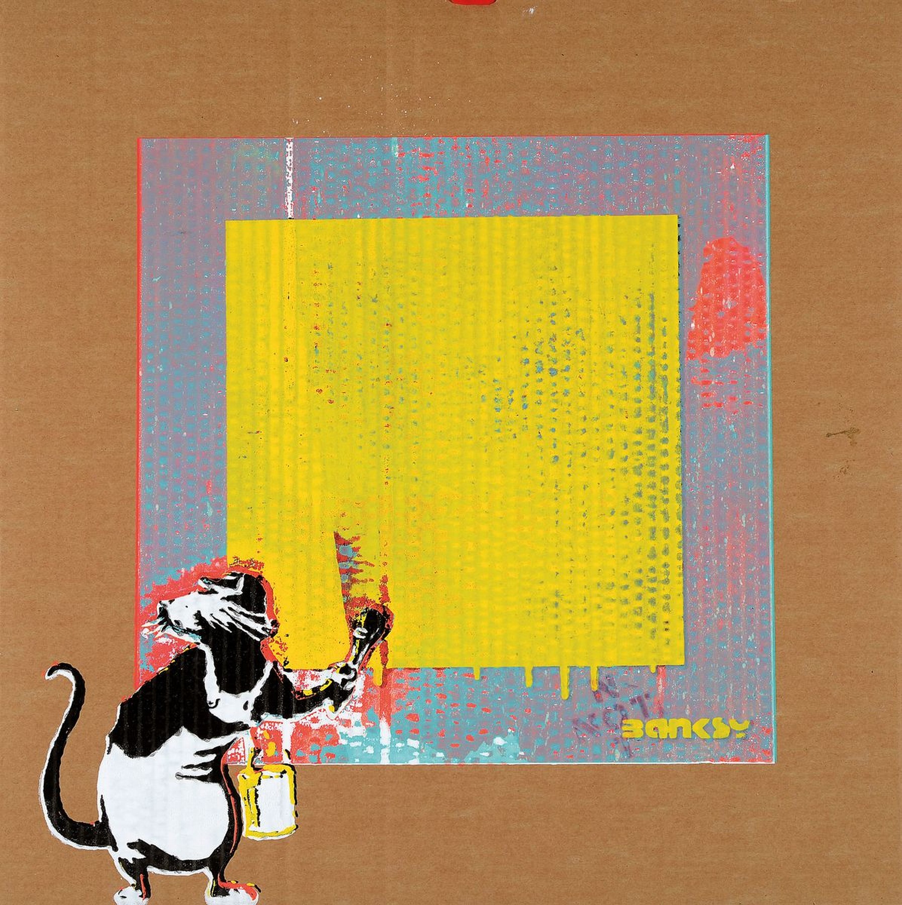 NOT BY BANKSY BY NOT NOT BANKSY, "Rat with Not Black Square", 2018, 2018, Farbserigrafie auf braunem Karton, verso sign., stempel, num. ...