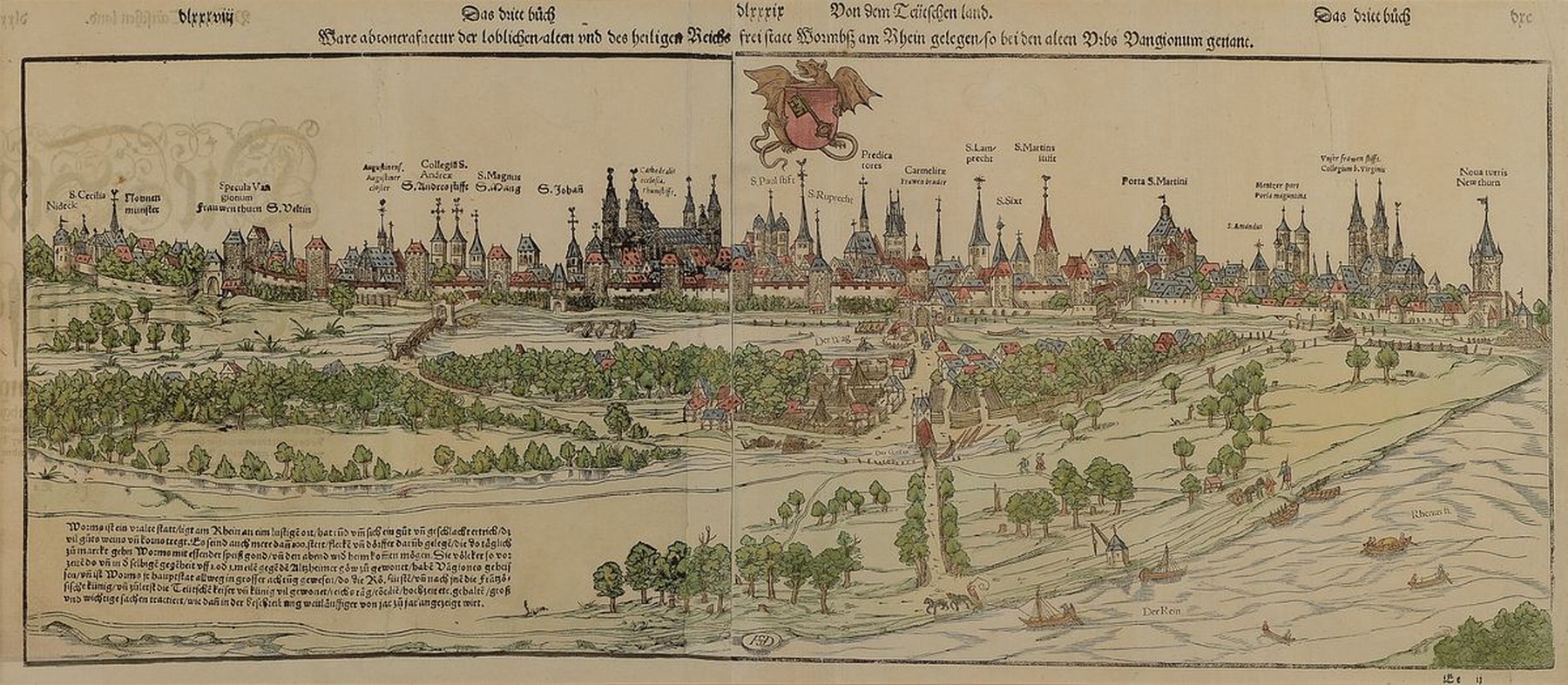 Kupferstichansicht Matthäus Merian, 17. Jh.,Ansicht von Worms, später koloriert, Bugfalte, leichte Alters- und Gebrauchsschäden, PP.ca. 29 x 67 ...