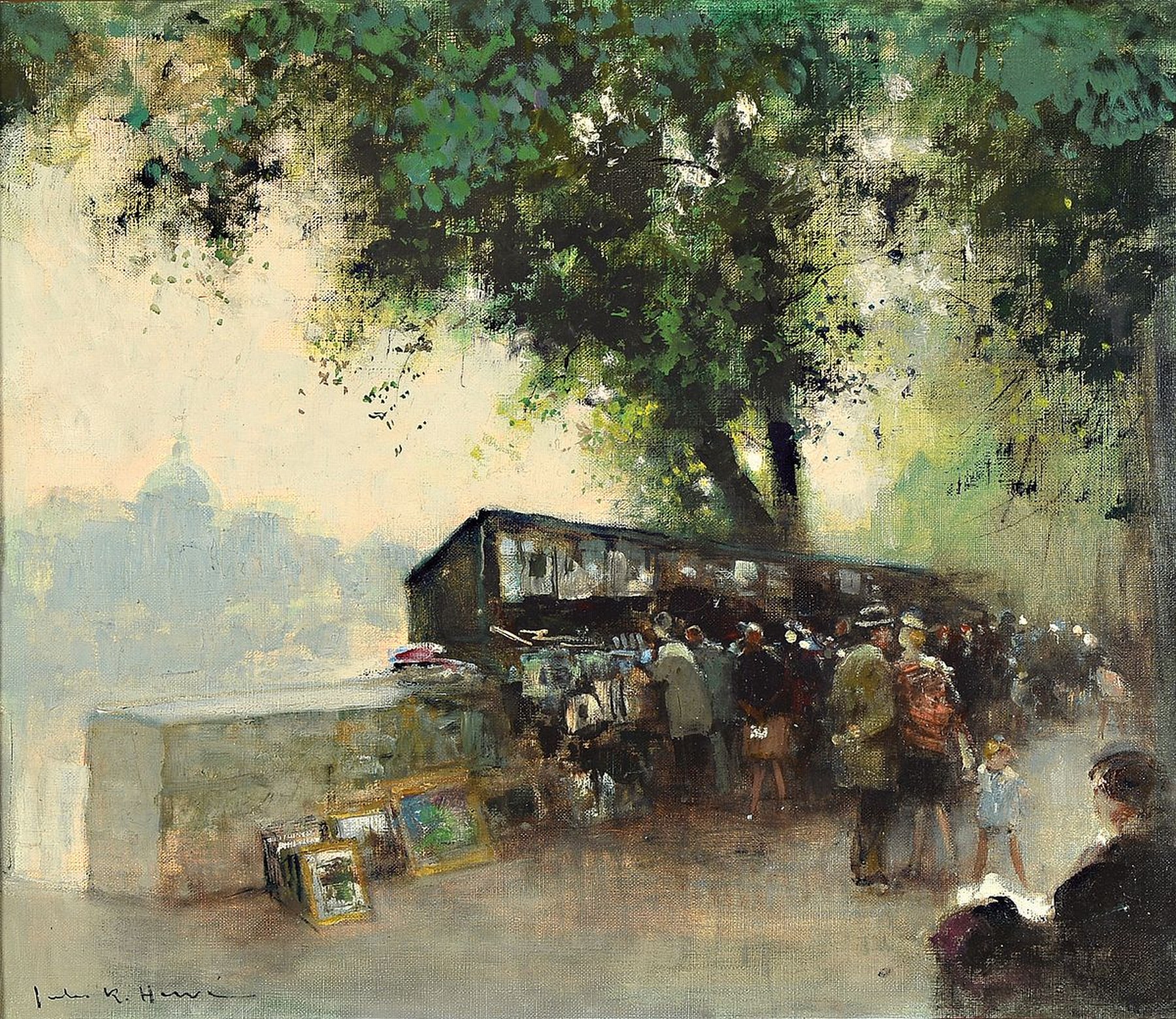 Jules René Hervé, 1887 Langres - 1981, französischer Impressionist, hier: Bouquiniste am Seine-Ufer, feine stimmungsvolle Malerei, leicht diesige ...