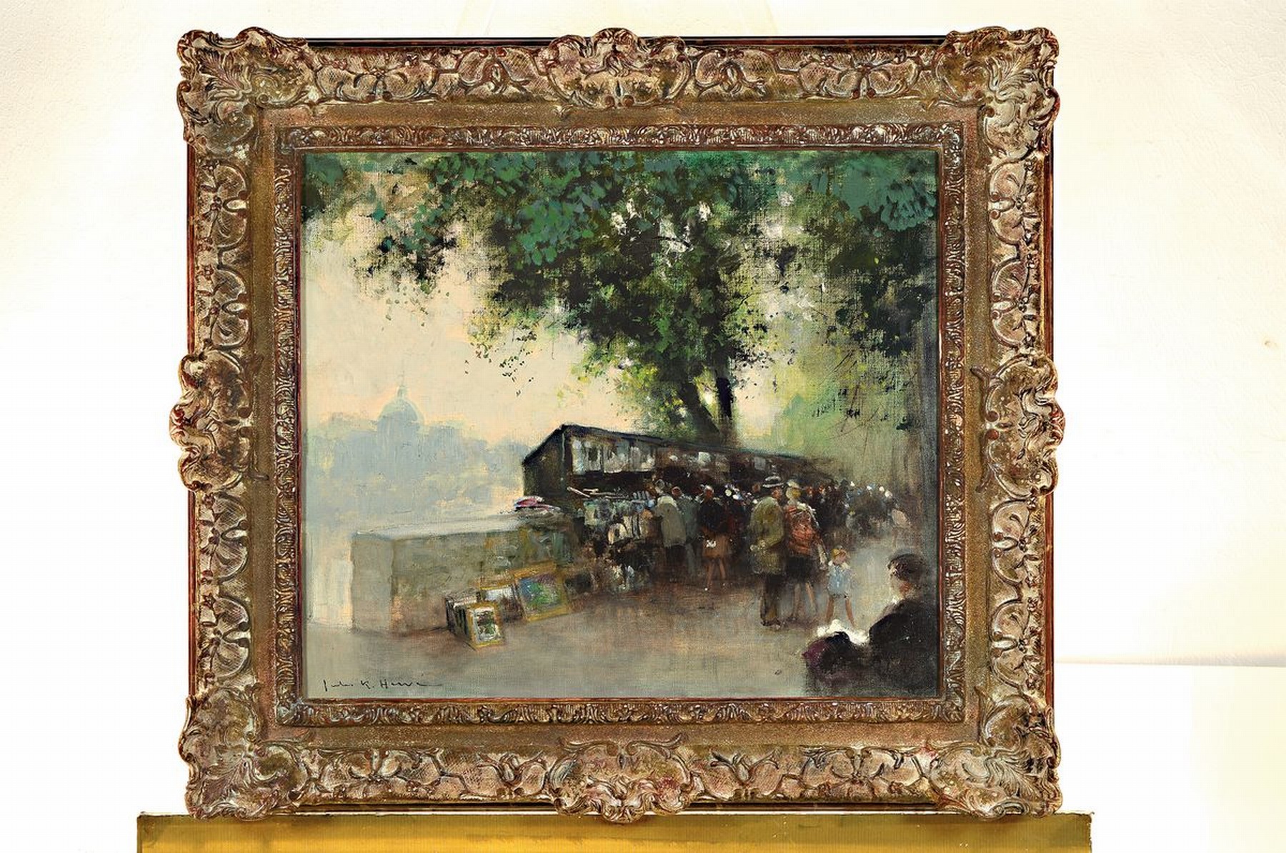 Detail k: Jules René Hervé, 1887 Langres - 1981, französischer Impressionist, hier: Bouquiniste am Seine-Ufer, feine stimmungsvolle Malerei, leicht diesige ...