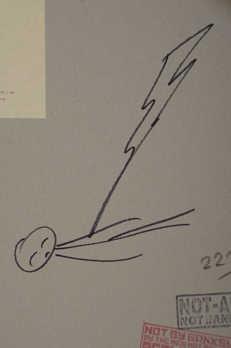 Detail a: NOT BY BANKSY BY NOT NOT BANKSY, "Divine Wind", Farbserigrafie auf Pappe, verso sign., num. 222/250, Stempel, Zertifikat, ca. 52x45 cm