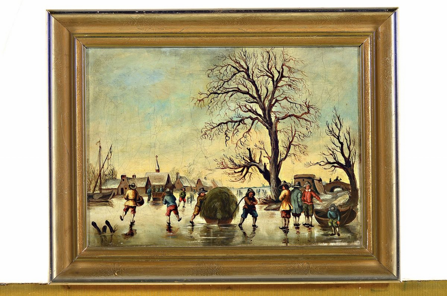 Detail k: Zwei Traditionalisten, um 1890, Eisvergnügen bzw. Musikant mit Personen im Wirtshaus, Öl/Lwd, unsigniert, nach niederländischem Vorbild des 17. ...