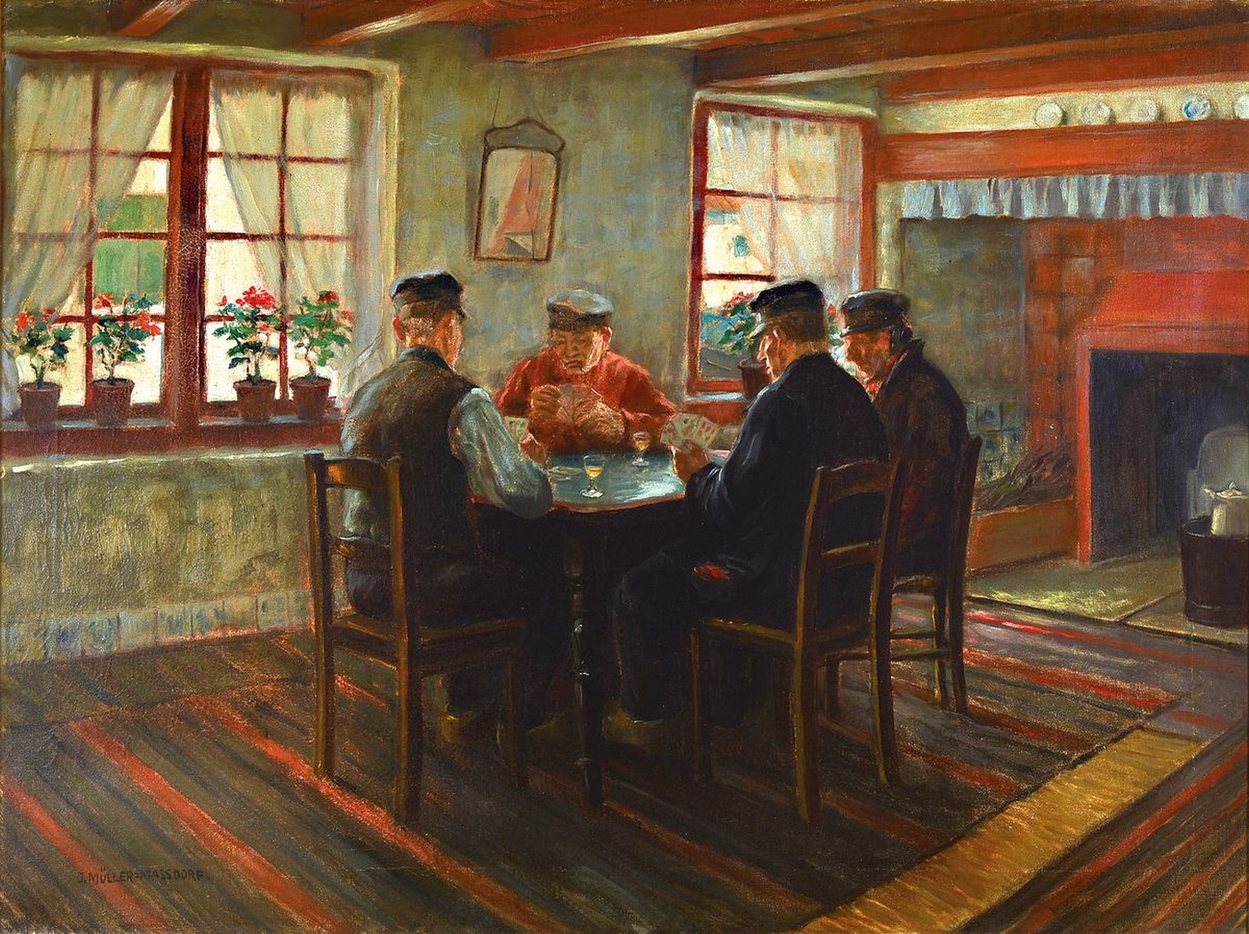 Julius Müller-Massdorf, 1963-1933 Düsseldorf, Interieur mit Karten spielenden Männern, Öl/Lwd, links unten signiert, ca. 60x80cm, R. ca. 70x90cm