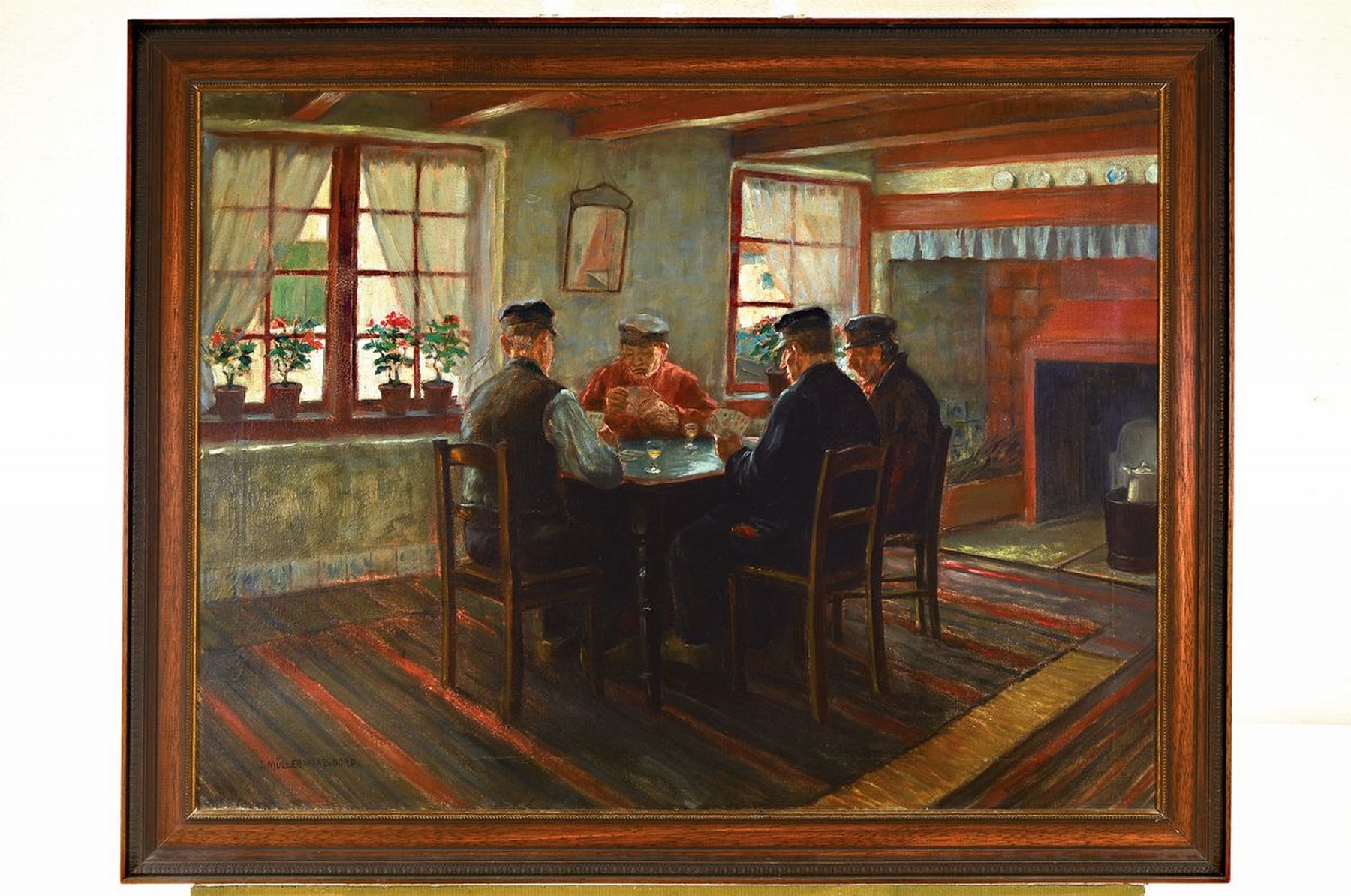 Detail k: Julius Müller-Massdorf, 1963-1933 Düsseldorf, Interieur mit Karten spielenden Männern, Öl/Lwd, links unten signiert, ca. 60x80cm, R. ca. 70x90cm