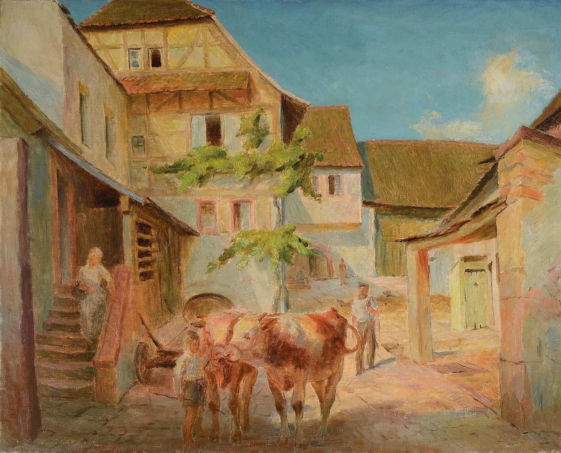 Ludwig Schreieck, 1911 St.Martin-1944 München, Studium an der Akademie München, hier: Hof in Weyher, Öl/Lwd, links unten signiert, ca. 65x80cm, R. ...