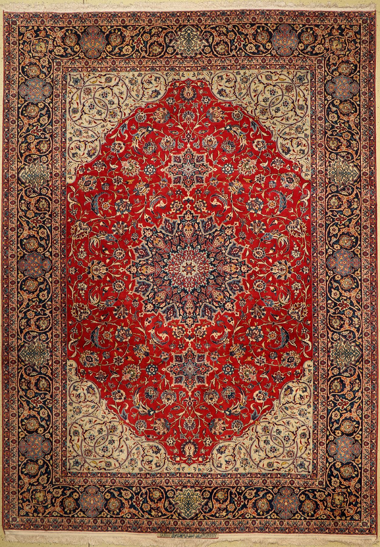 Esfahan fein alt Persien, Signiert(Saraf Mamuri), um 1950, Korkwolle auf Seide, ca. 360x 260 cm, ca. 650.000 Kn/qm, EHZ: 2, (gereinigt)