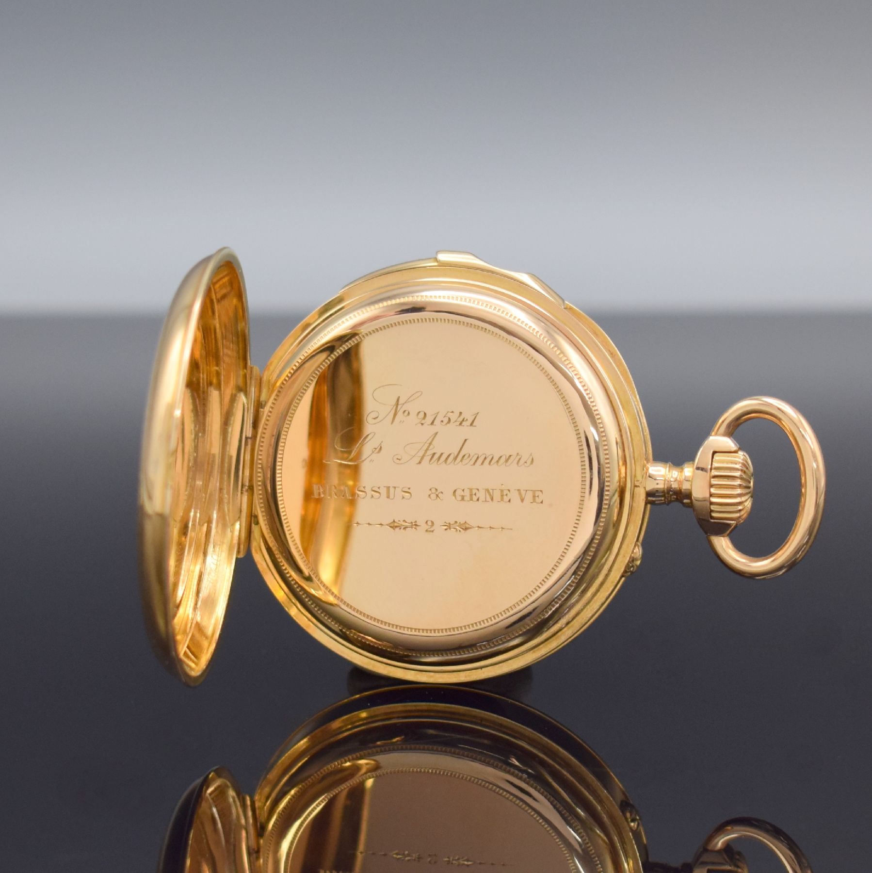 Detail d: L. AUDEMARS Brassus & Geneve feine Taschenuhr mit Minutenrepetition in RoseG 750/000, Schweiz um 1900, 2-Deckel Goldgeh., Rückseite guill., ...