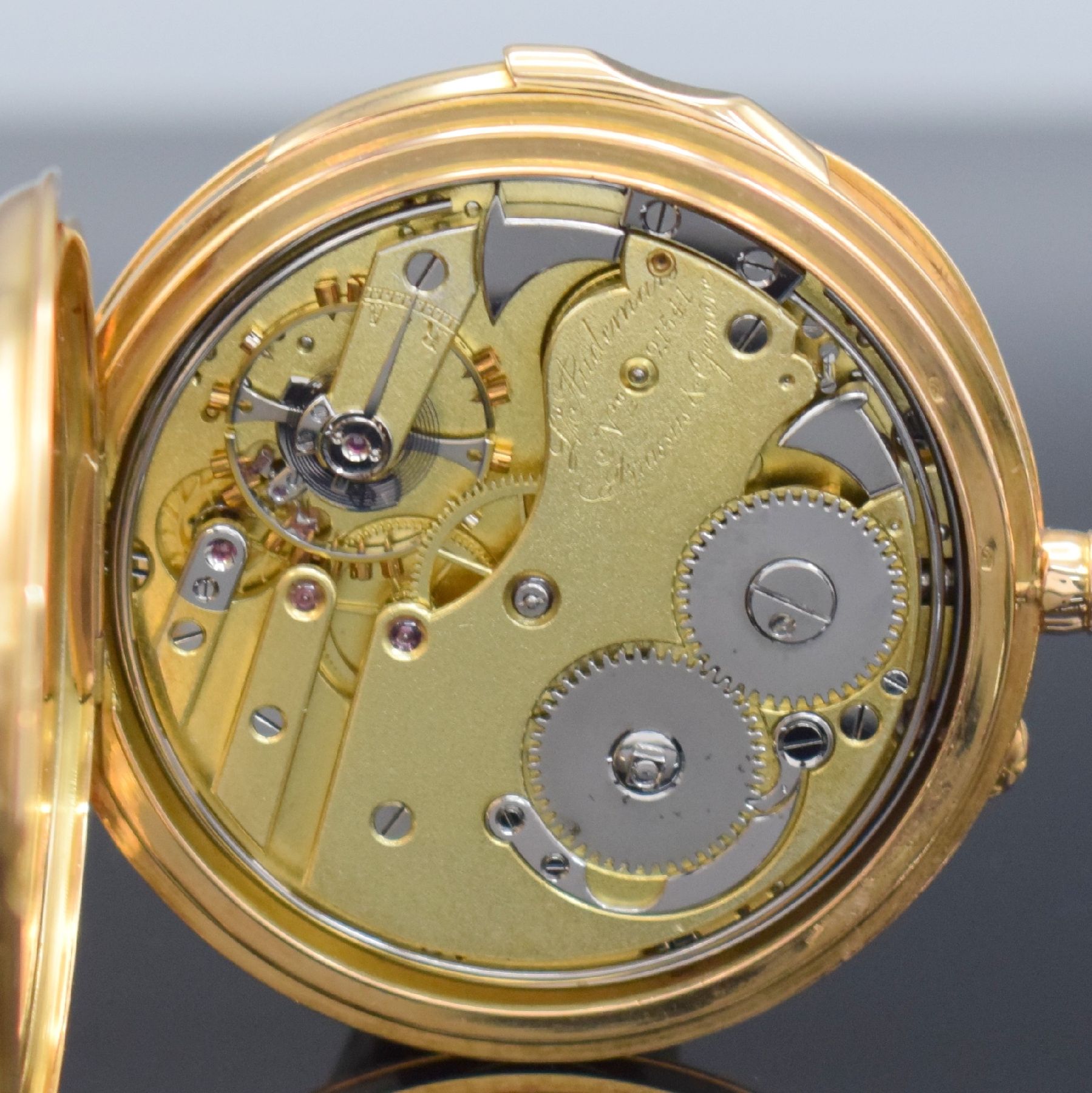 Detail g: L. AUDEMARS Brassus & Geneve feine Taschenuhr mit Minutenrepetition in RoseG 750/000, Schweiz um 1900, 2-Deckel Goldgeh., Rückseite guill., ...
