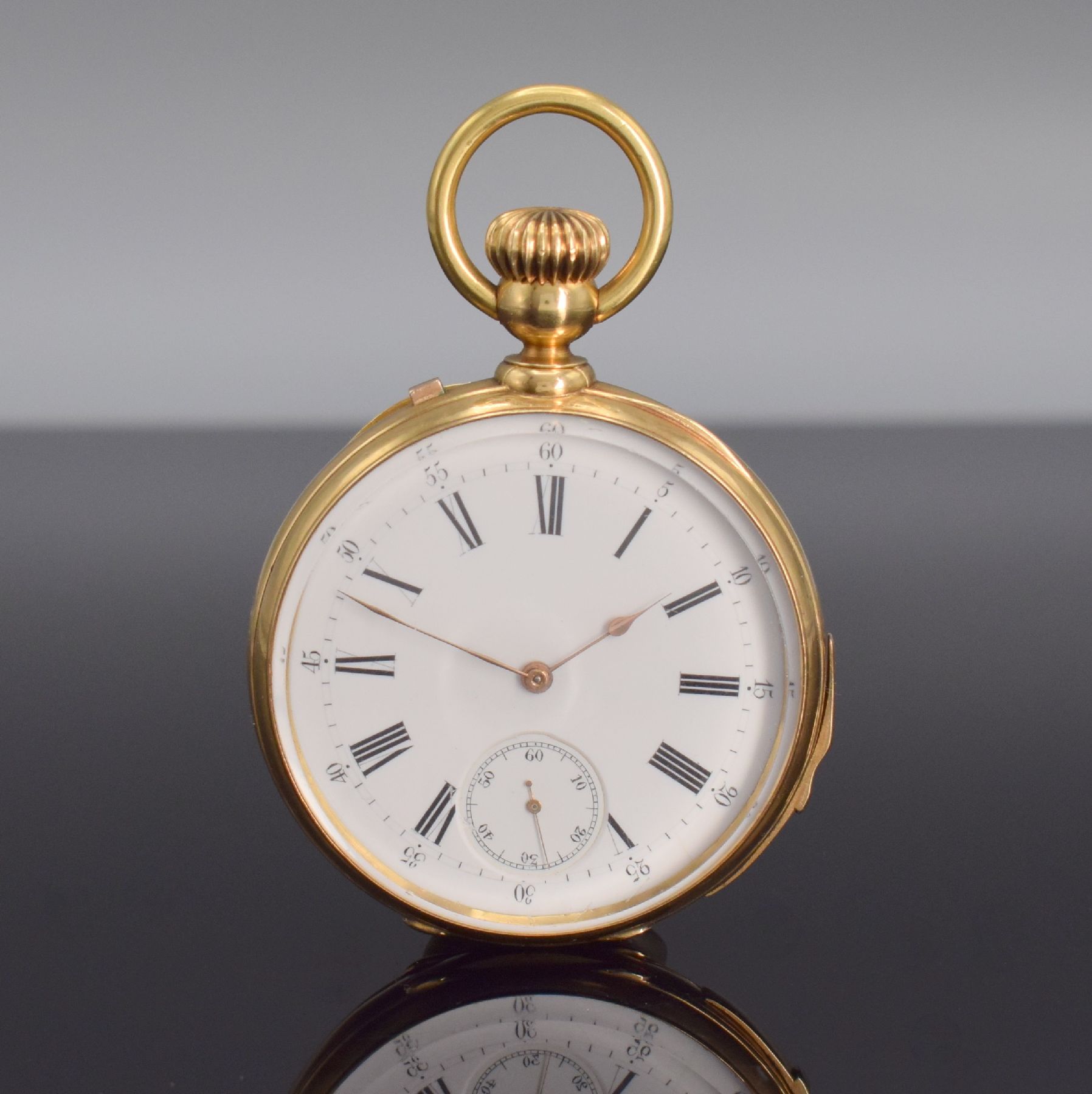 Feine offene Taschenuhr m. 1/4 Stunden- Repetition in GG 750/000, Schweiz um 1880, 2-Deckel Goldgeh. m. a-goutte Schlüssen dell., Rückdeckel mit ...