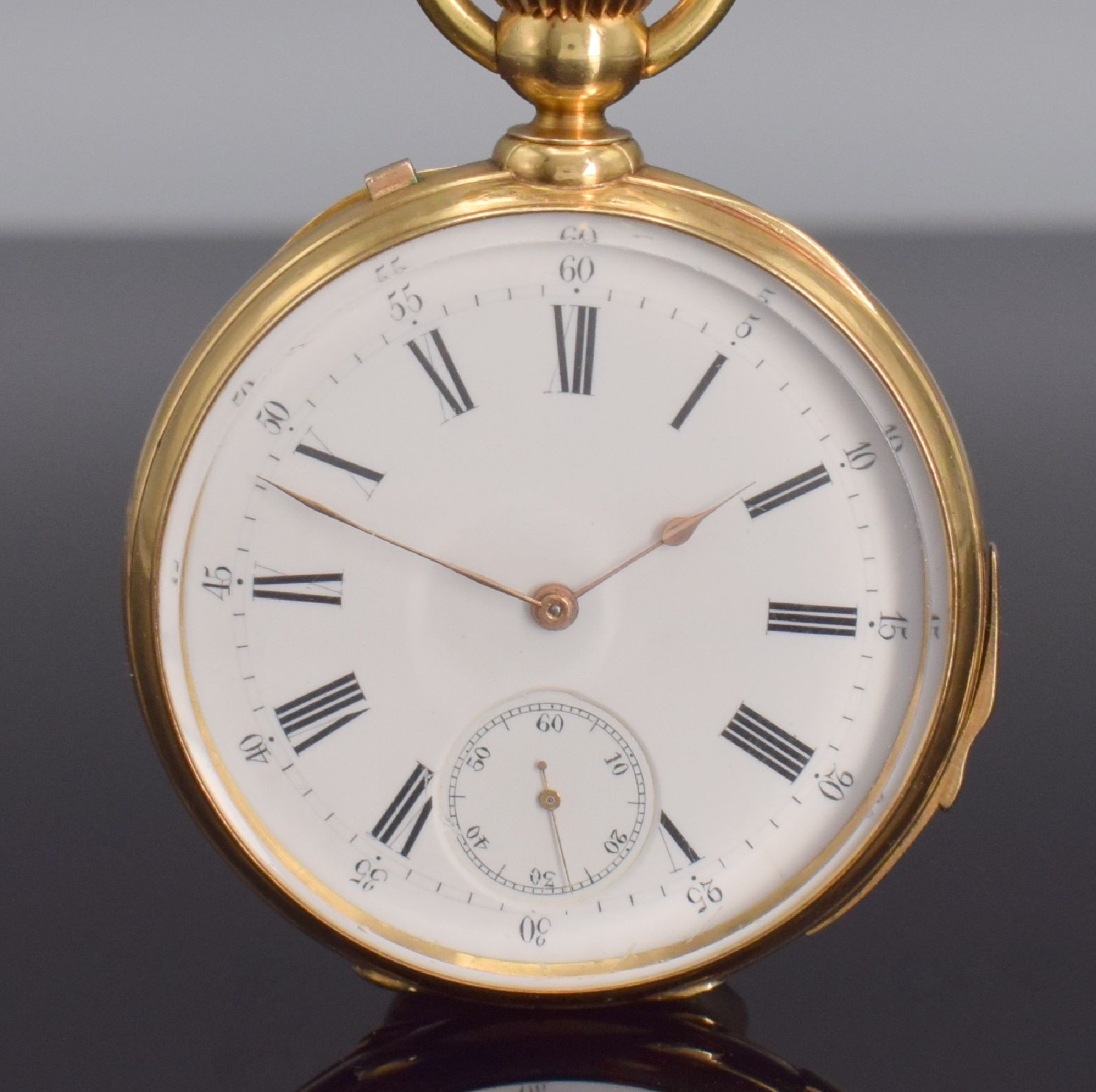 Detail a: Feine offene Taschenuhr m. 1/4 Stunden- Repetition in GG 750/000, Schweiz um 1880, 2-Deckel Goldgeh. m. a-goutte Schlüssen dell., Rückdeckel mit ...