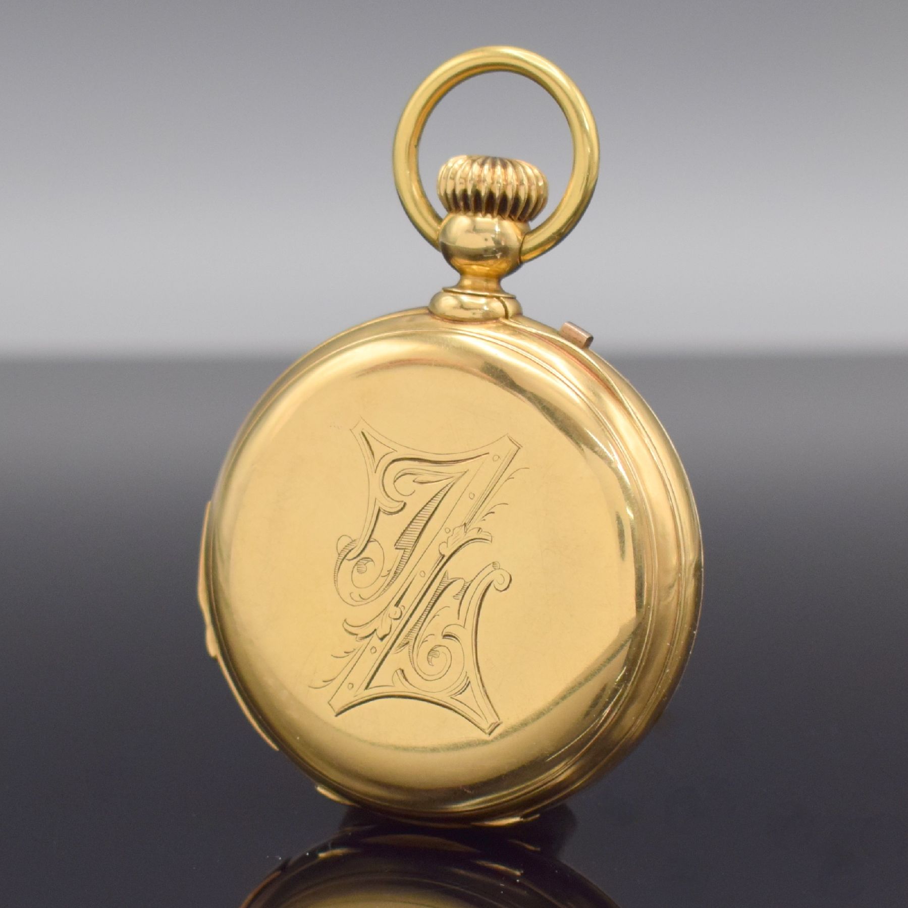 Detail b: Feine offene Taschenuhr m. 1/4 Stunden- Repetition in GG 750/000, Schweiz um 1880, 2-Deckel Goldgeh. m. a-goutte Schlüssen dell., Rückdeckel mit ...
