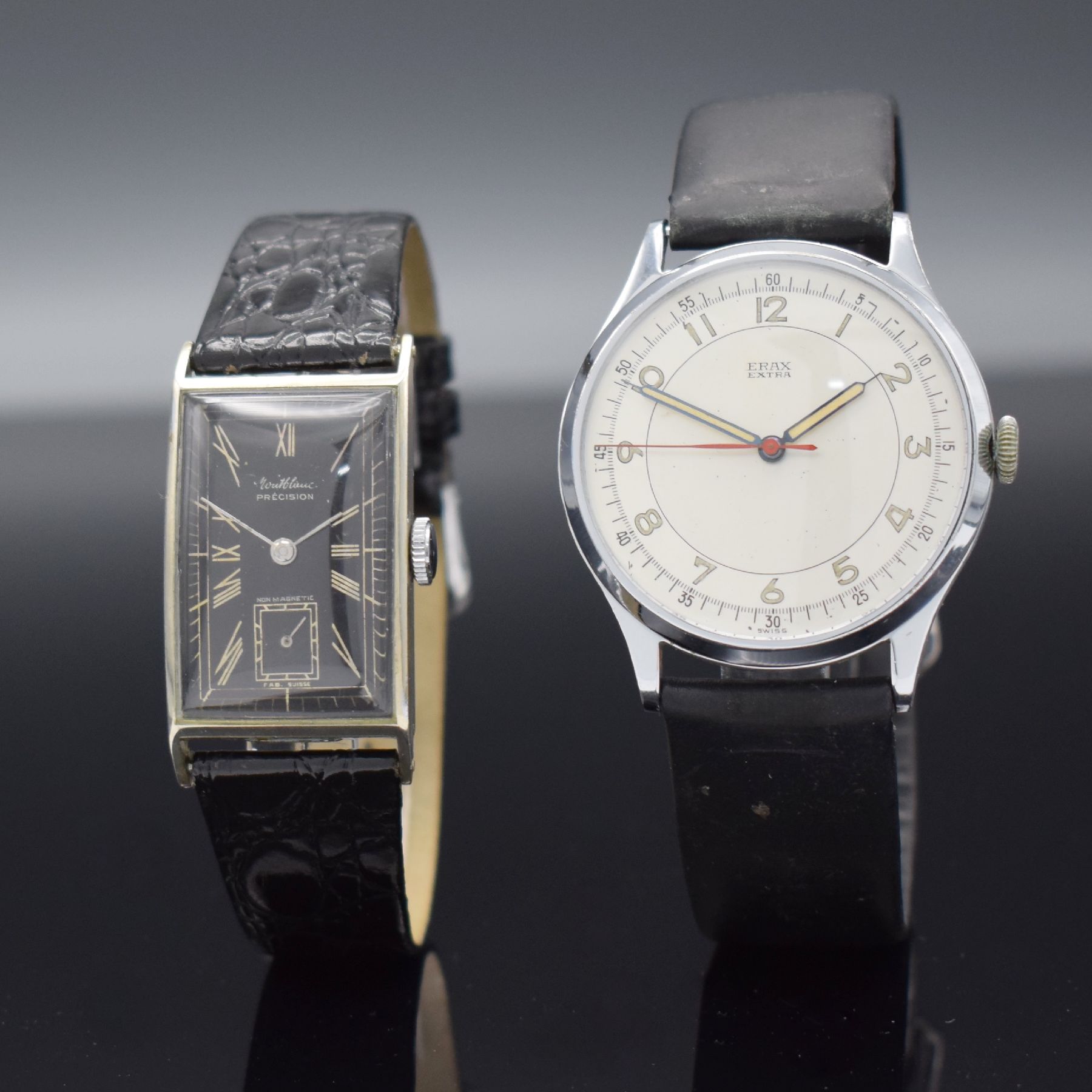 ERAX Extra große Herrenarmbanduhr 39 mm & MONTBLANC Precision Armbanduhr, Schweiz/ Deutschland 1930er Jahre, Handaufzug, verchr. Gehäuse, ...