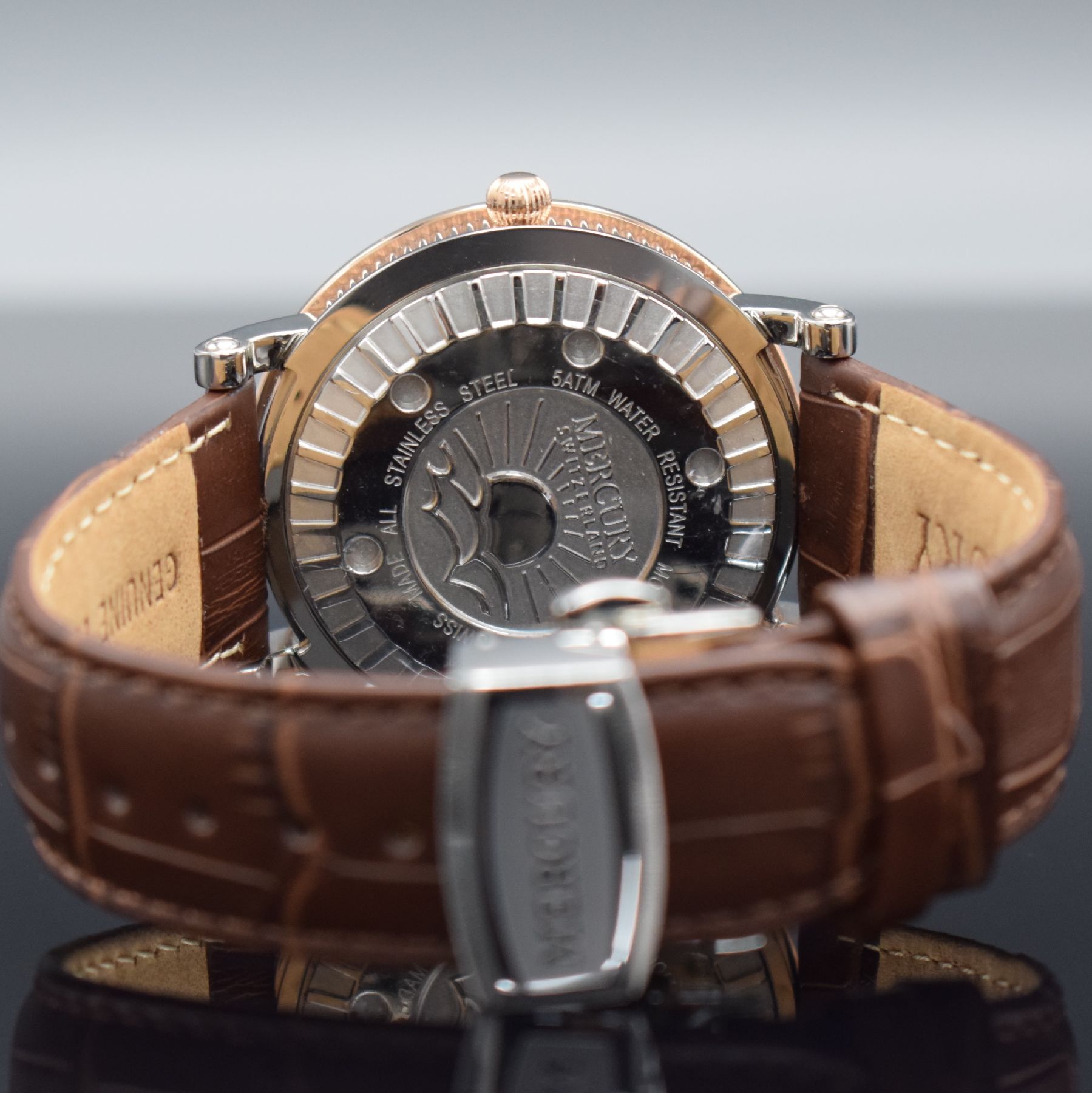 Detail d: MERCURY Herrenarmbanduhr Ref. ME305-SRL-1, Schweiz verk. lt. beil. Garantiekarte 01/2021, Edelstahlgeh. teils verg., Boden geschr., orig. Lederband ...