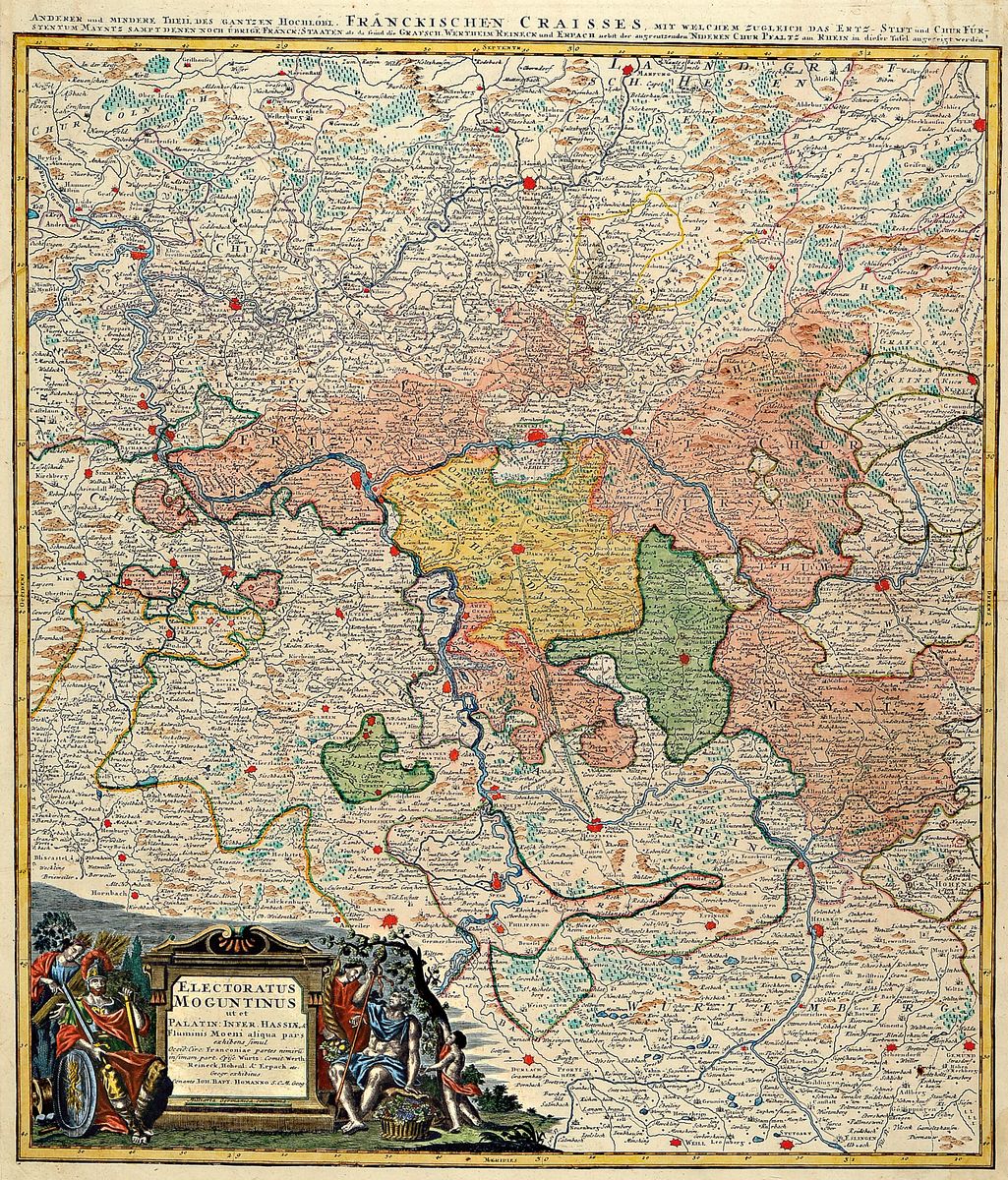 Kupferstichkarte, Johann Baptista Homann , 1664 - 1724, "Electoratus Moguntinus ut et Palatin:Infer.Hassiae...", Ansichten Kurfürstentum ...