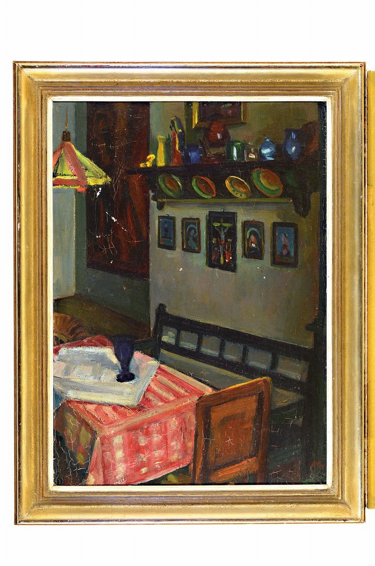 Detail k: Anna Müller Werner, Münchener Malerin, Mitglied im Reichsverband bildender Künstler, hier: Interieur, Blick in eine süddeutsche Stube mit Bank ...