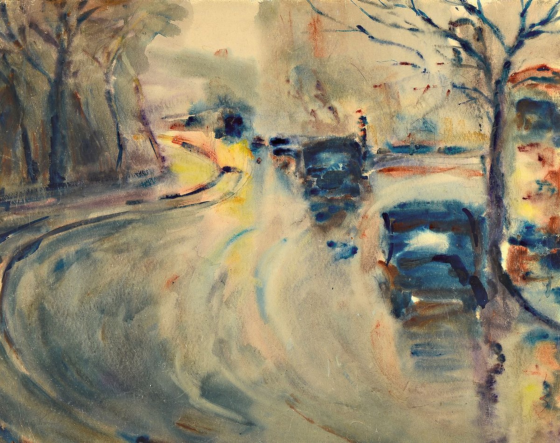 Willibald Kramm, 1891 Frankfurt/Oder - 1969, Straßenansicht mit Autos, "Stadtläufer" bezeichnete sich der Künstler selbst, Aquarell auf ...