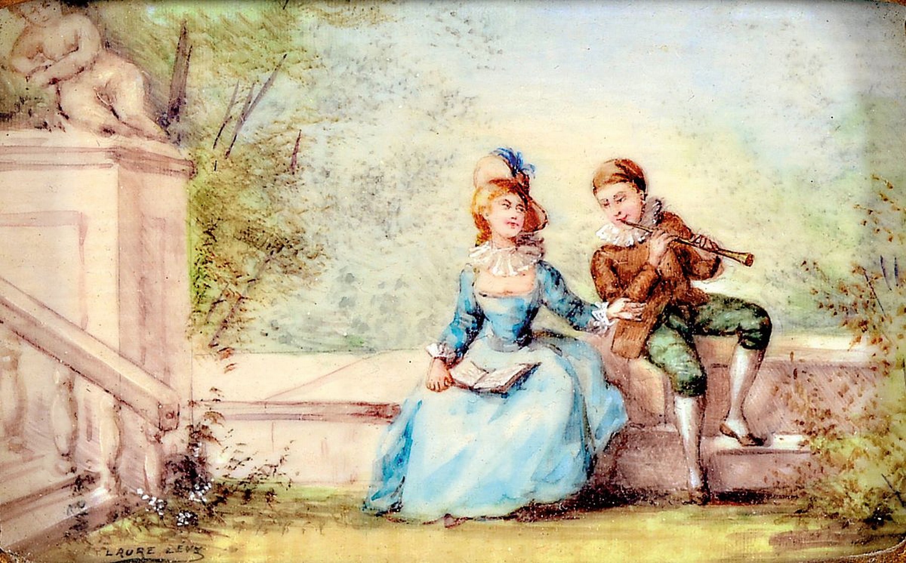 Laure Lévy, 1866 Beaumont-du-Périgord - 1954 Polichinelle, zwei Pendants, Miniaturmalereien, galantes Paar in Parklandschaften, unter Glas, Rahmen, ...