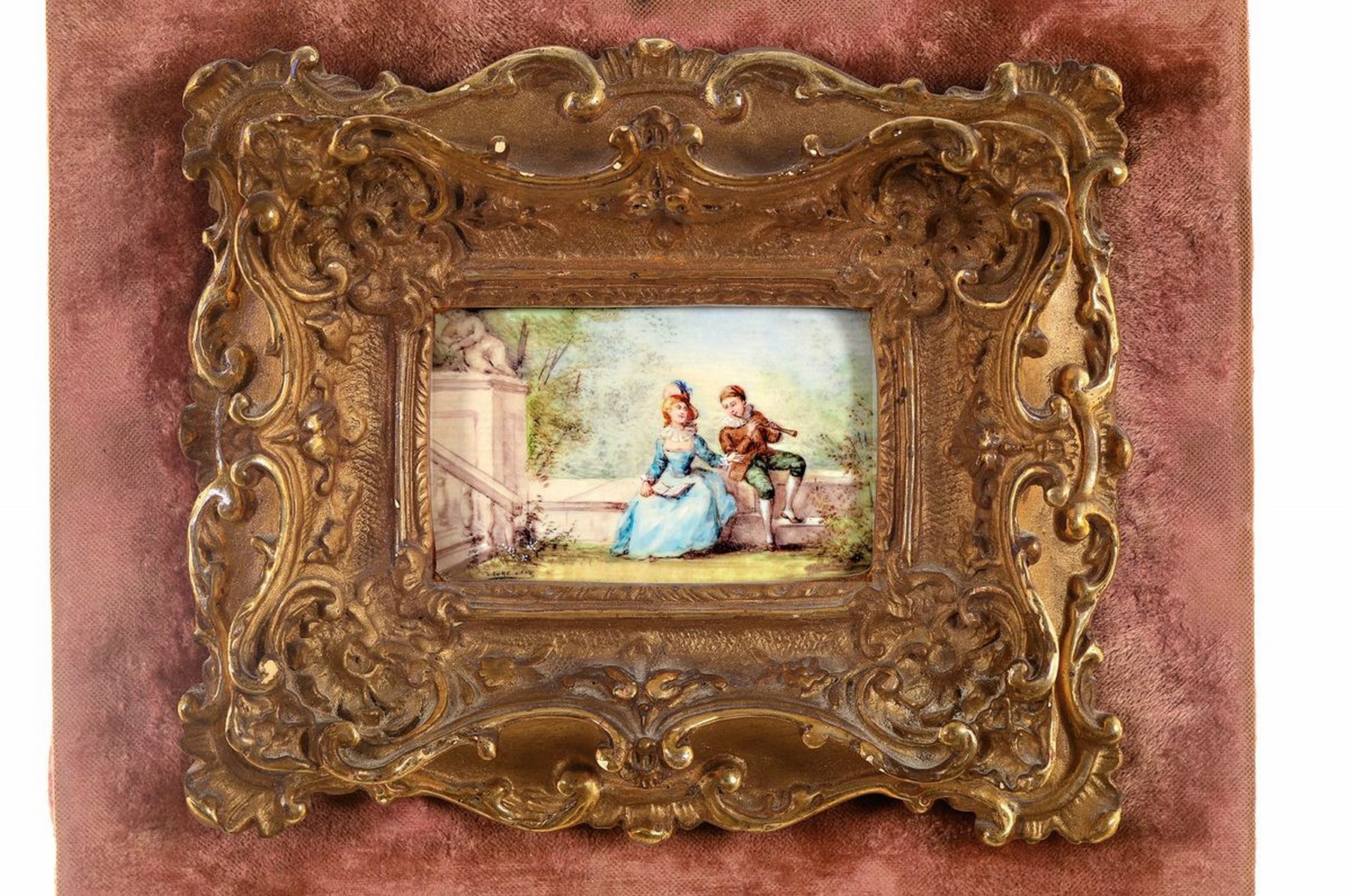 Detail k: Laure Lévy, 1866 Beaumont-du-Périgord - 1954 Polichinelle, zwei Pendants, Miniaturmalereien, galantes Paar in Parklandschaften, unter Glas, Rahmen, ...