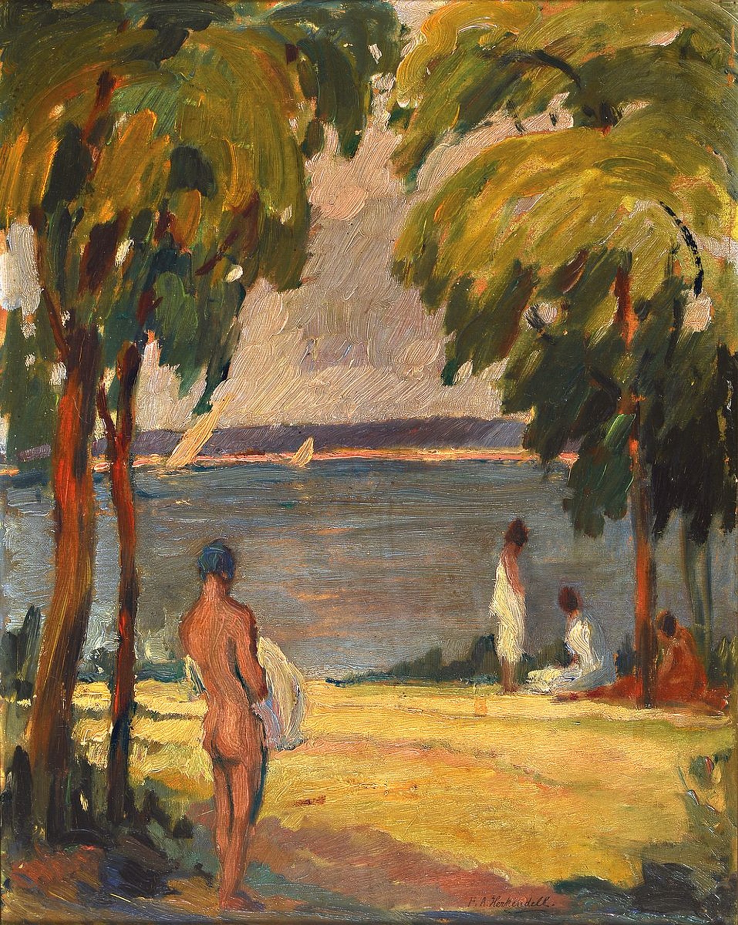 Friedrich August Herkendell, 1876 Düsseldorf -1940, spätimpressionistische Landschaft, Badende am See, Öl/Malkarton, re. u. Signaturstempel, ca. ...